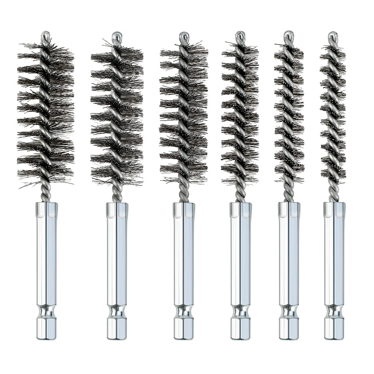 6 Pcs Stainless Steel Bore Brush Set with 1/4" Hex Shank Twisted Wire Bristles, Different Sizes (8, 10, 12, 15, 17, 19mm) for Rust and Tube Cleaning