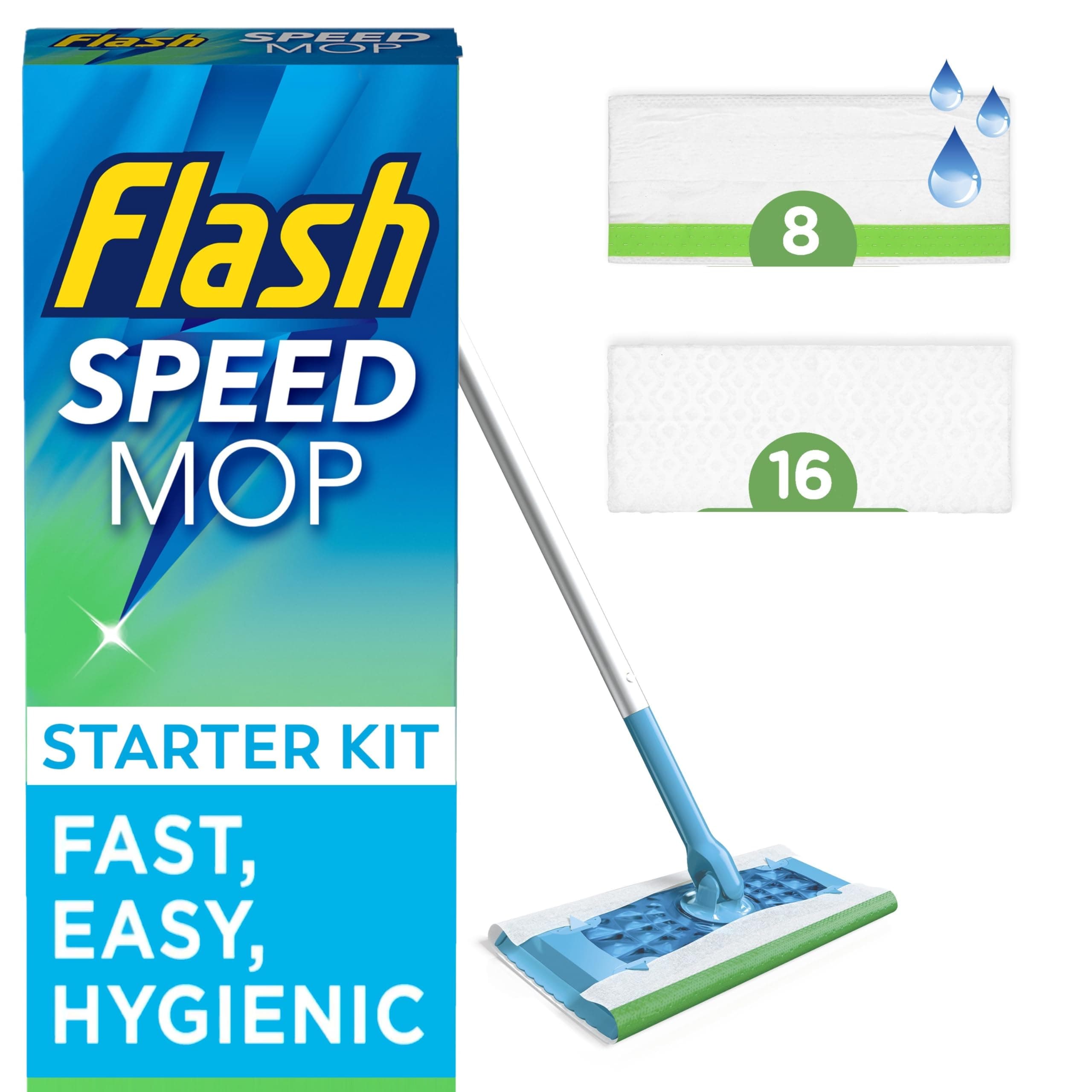 Flash Speedmop Floor Cleaner Starter Kit, Fast Easy and Hygienic (1 Handle, 8 Wet plus 16 Dry Refills), Trap and Lock Daily Dirt, Grease and Grime Without Getting Down On Your Knees