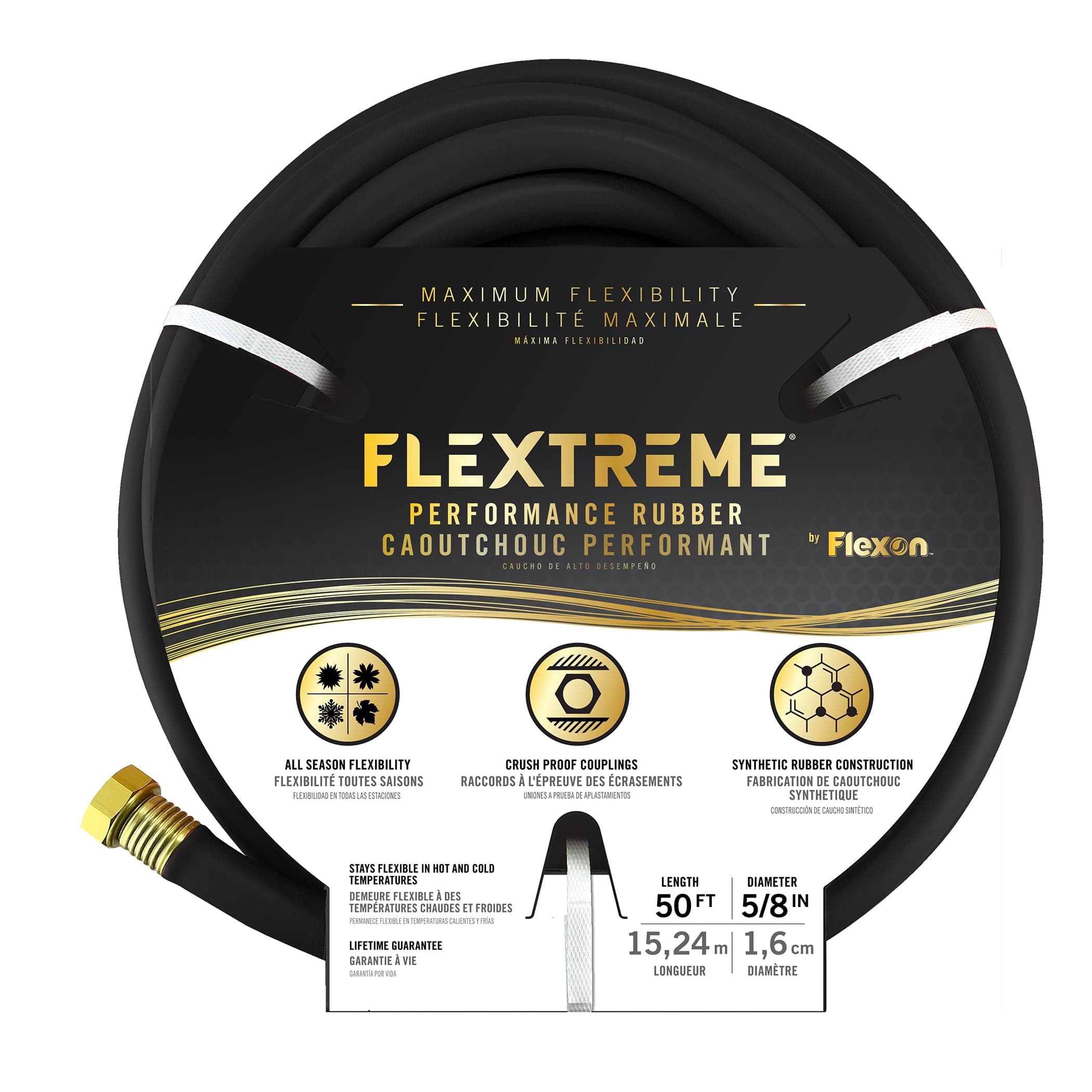 Flextreme 5/8" x 50ft Black Synthetic Performance Rubber Garden Hose – Lightweight, All-Weather Flexibility, Heavy-Duty, Kink-Resistant, Solid Brass Couplings, Watering Hose for Lawn & Garden