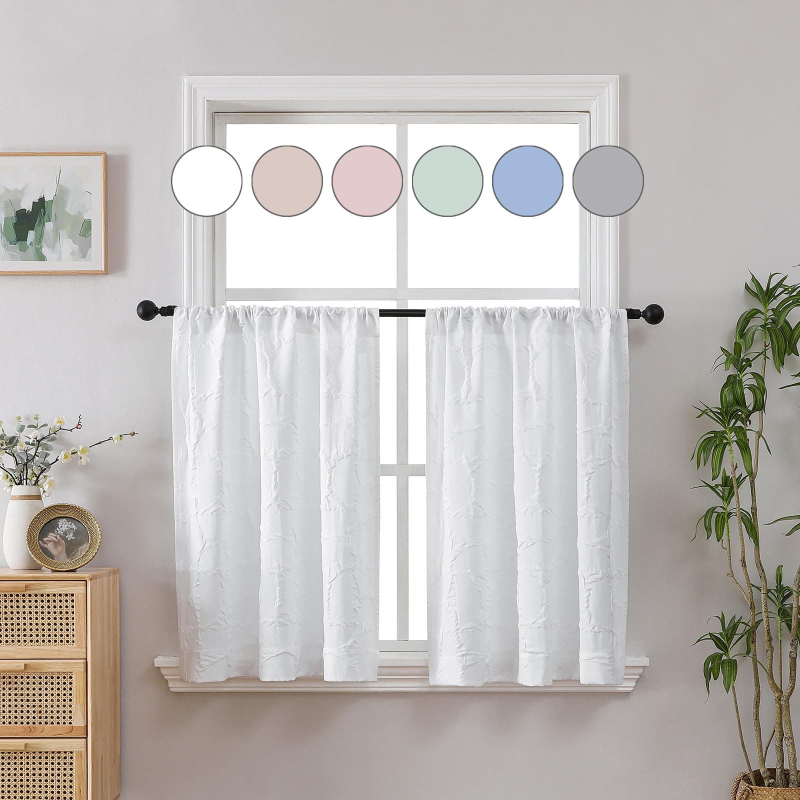 Aiyufeng White 3D Embossed Textured Short Curtains, 2 Panels Set, 36 Inch Length, Each 38" Wx36 Inches, For Living Room & Bedroom Windows