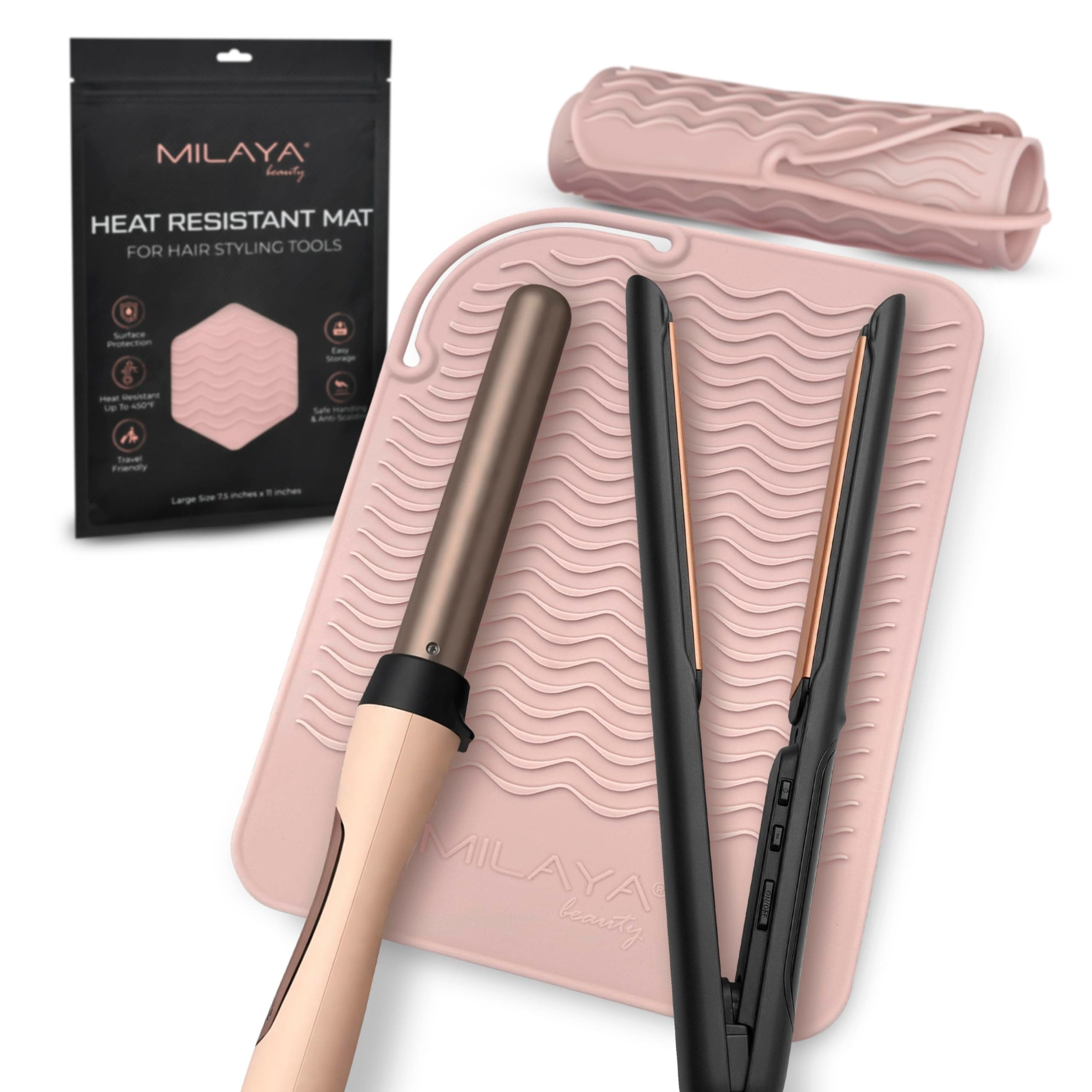 Milaya Beauty Large Heat Resistant Mat for Hair Tools – Silicone Curling Iron Holder & Flat Iron Holder – Non-Slip Hot Tool Mat & Vanity Mat – Vanity Accessories for Women, Home, Salon, or Travel