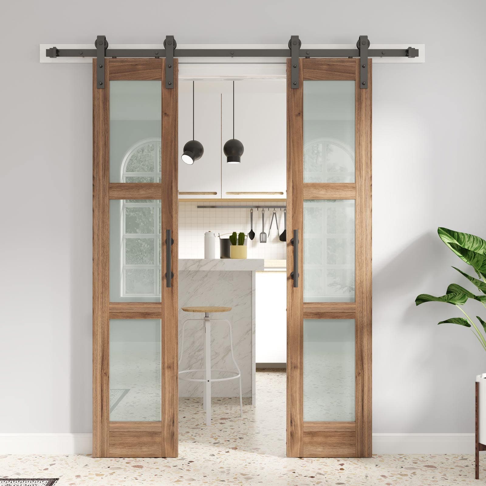 - Double 18 x 84 inch Glass Barn Doors 36inch Barn Door with 6.6FT Hardware Kit & Handle Included,3-Panel Frosted Glass,LVL Wood Panel,Water-Proof PVC Surface,Pre-Drilled Holes,Need Assembly