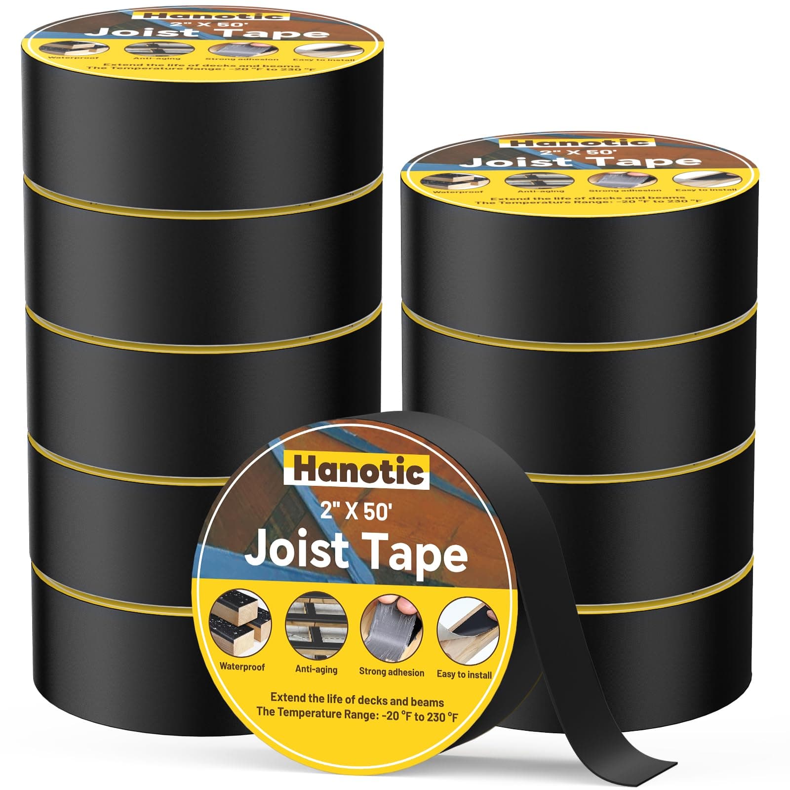 Joist Tape for Decking 2'' X 50', 10 Rolls Weather Resistance Butyl Tape, Waterproof and Anti-Corrosion, Self-Adhesive for Wood Joists Decks Beams Roof Rv