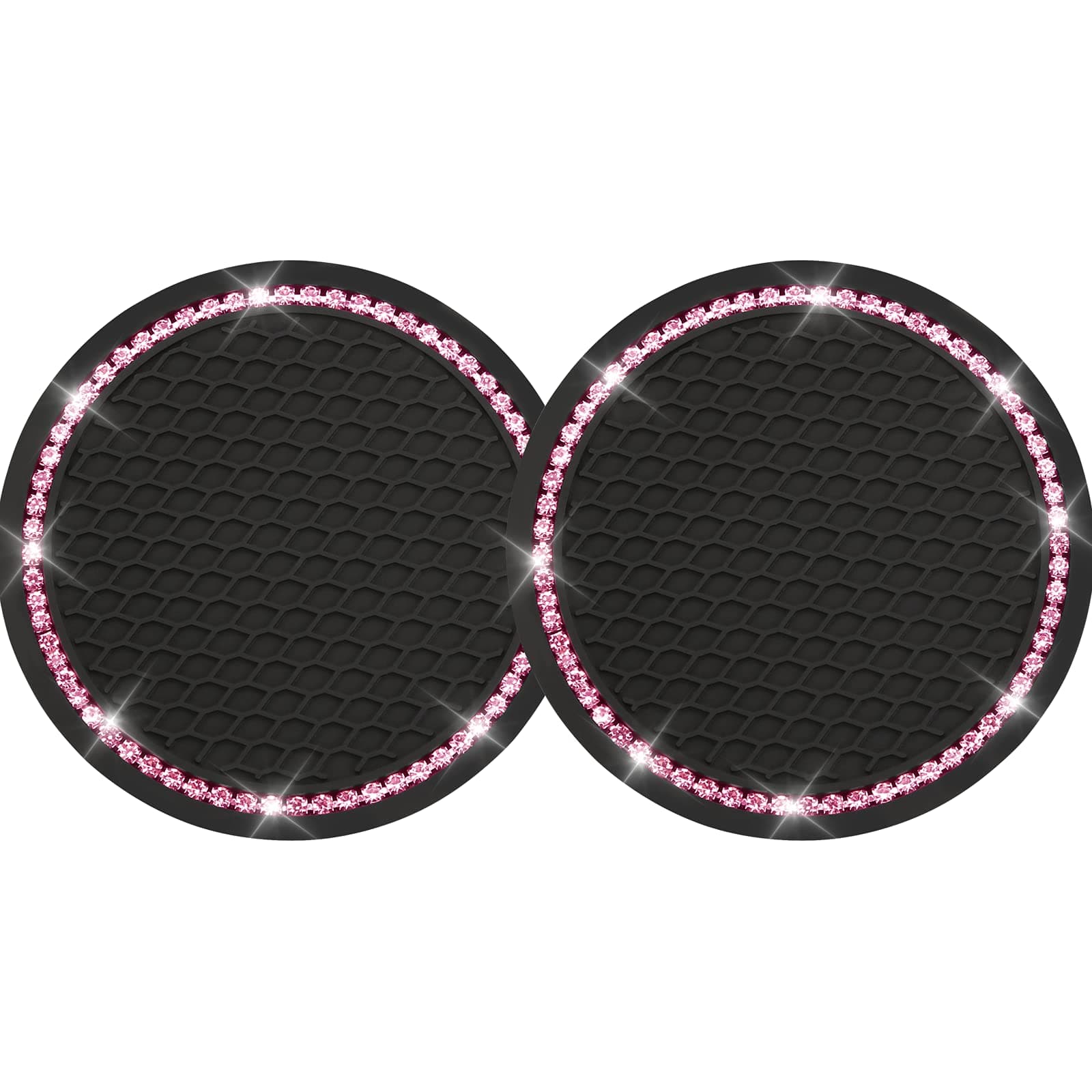 Yousheng 2PCS Bling Car Cup Coaster, Universal Holder Insert Rhinestone Anti Slip Silicone Accessories Suitable for Most Interior, Best Gift Women, Black and Pink