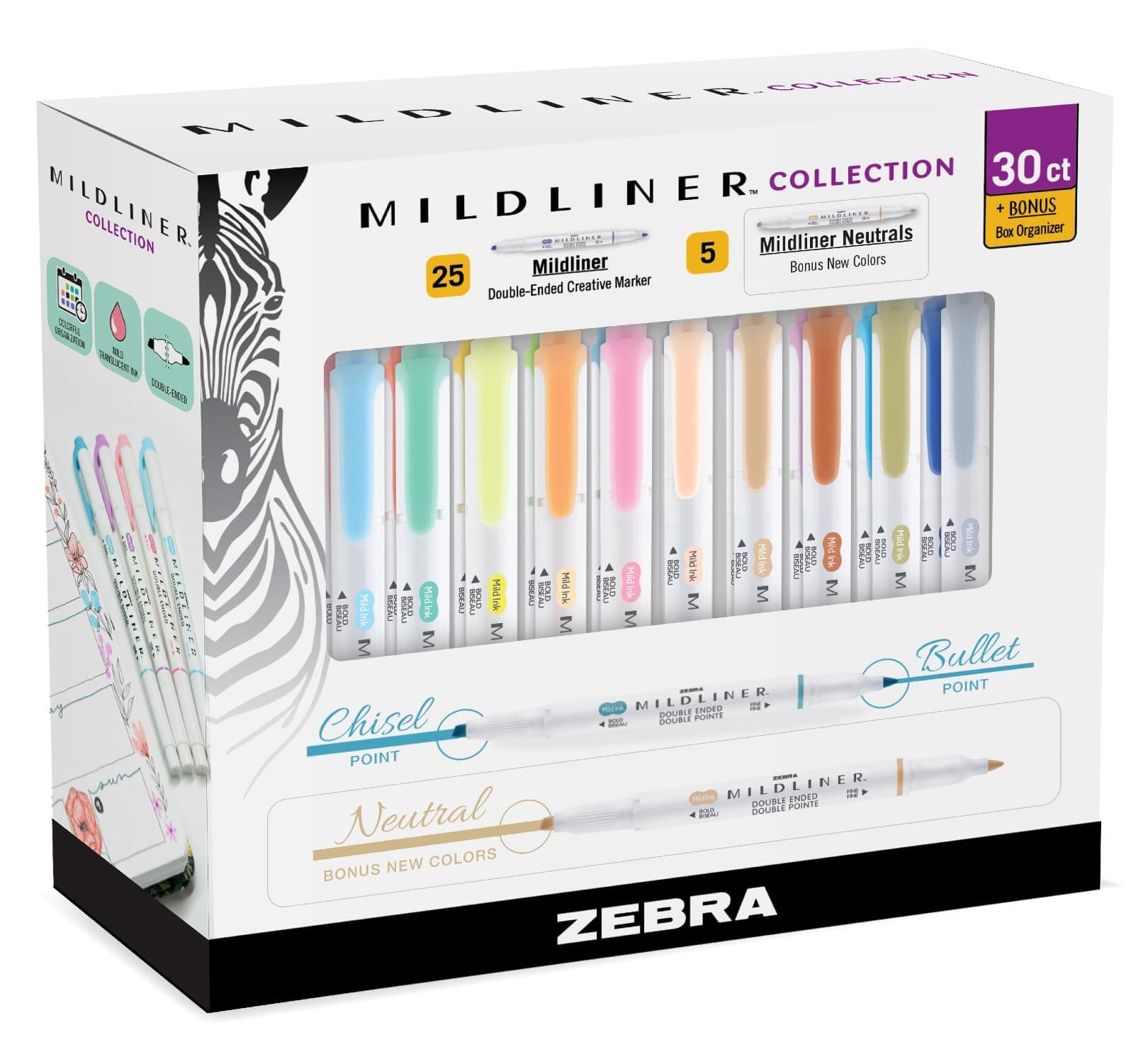 Zebra Pen Mildliner Double-Ended Highlighter Set, Broad and Fine Point Tips, Ideal for Bible Highlighting, No Bleed, 30 Pastel and Neutral ink Colors, Pack of 30