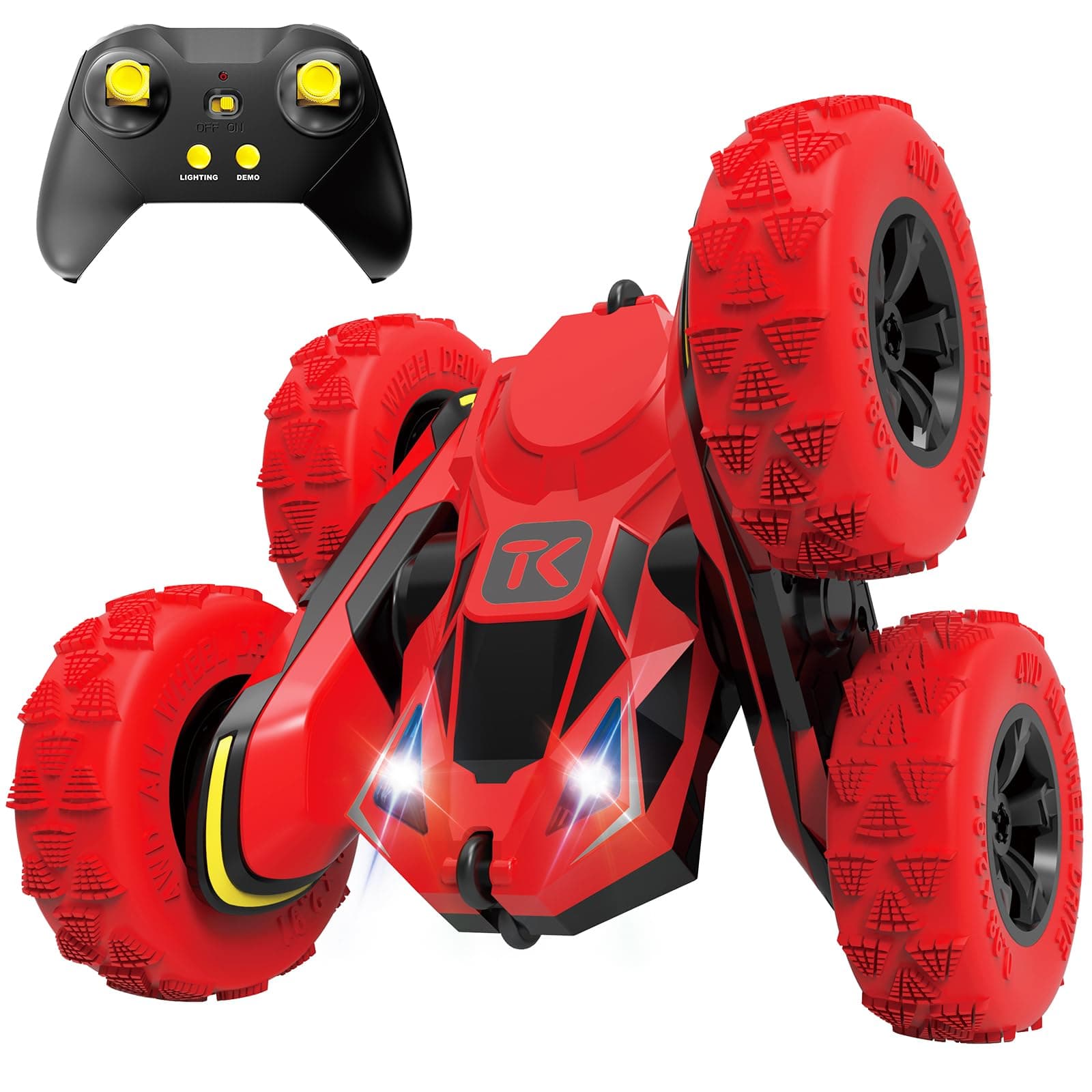 Threeking Rc Stunt Car Remote Control Off-Road Truck Double Sided Tumbling 360 Degree Rotation 3D Deformation Dance Car 1:28 2.4Ghz Rechargeable Stunt Car Great Gift for Kids - Red