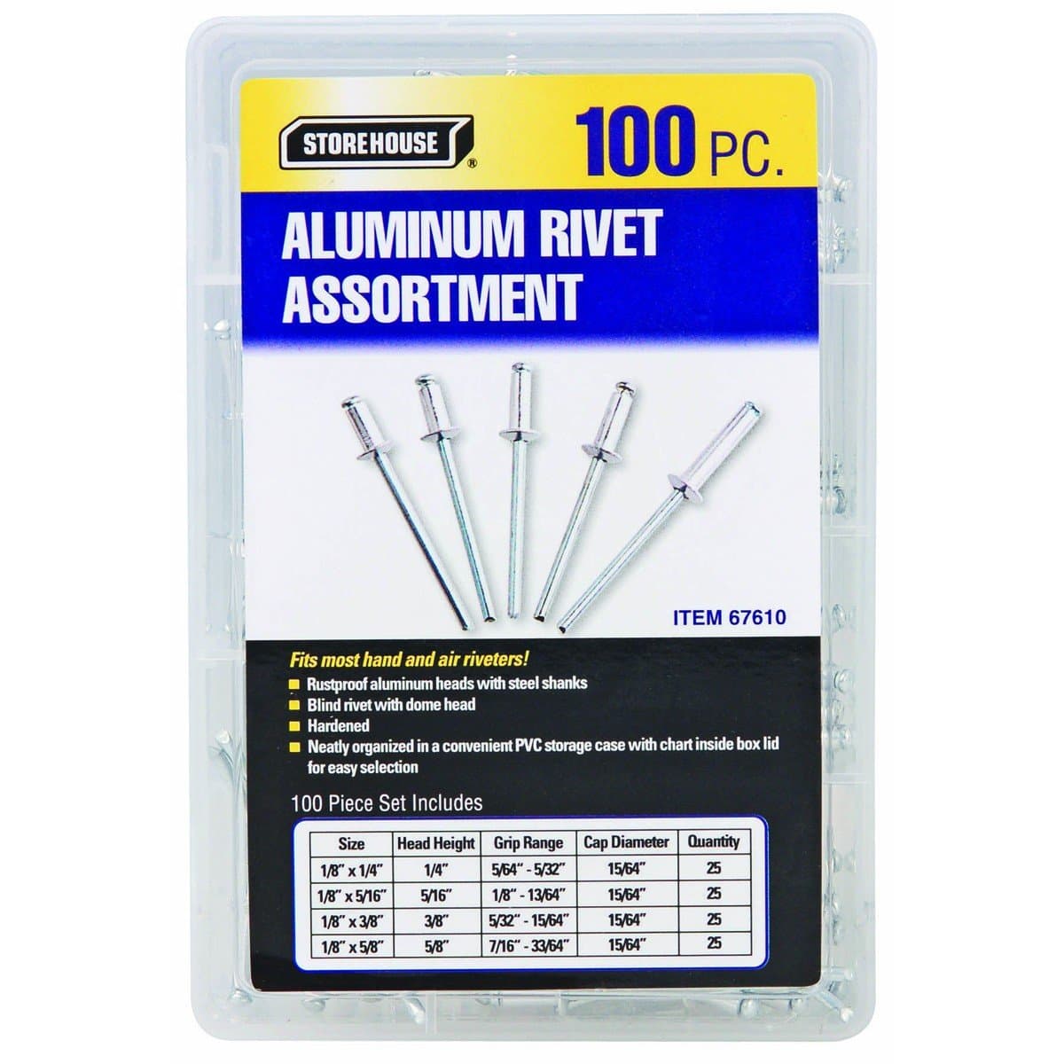 100 Piece Aluminum Blind Rivet Assortment with Organizer Case