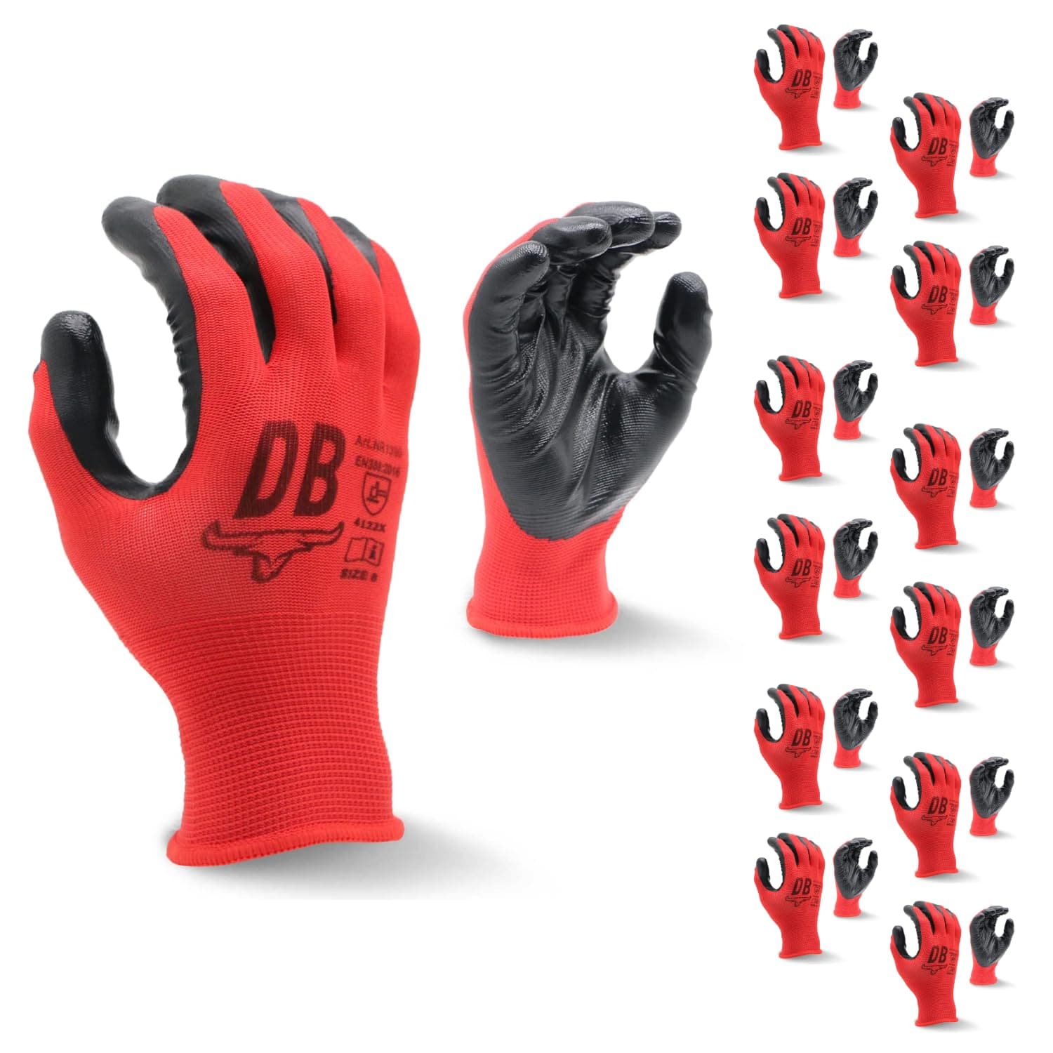 Work Gloves - 12 Pairs. Protective Safety Gloves For Working & General Use. Nitrile Coated With Secure Fit & Anti-Slip Grip. Heavy Duty, Oil Resistant Gloves - (NR1390, Size 9, Red).