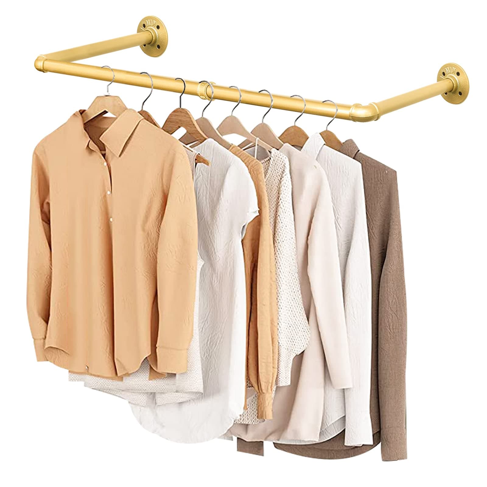 48” Gold Wall Mounted Clothes Rack, Industrial Pipe Iron Garment Bar, Heavy-Duty Detachable Clothing Rod, Multi-Purpose Metal Wall display Hanging Pole for Closet Storage, Laundry Room 2 Base