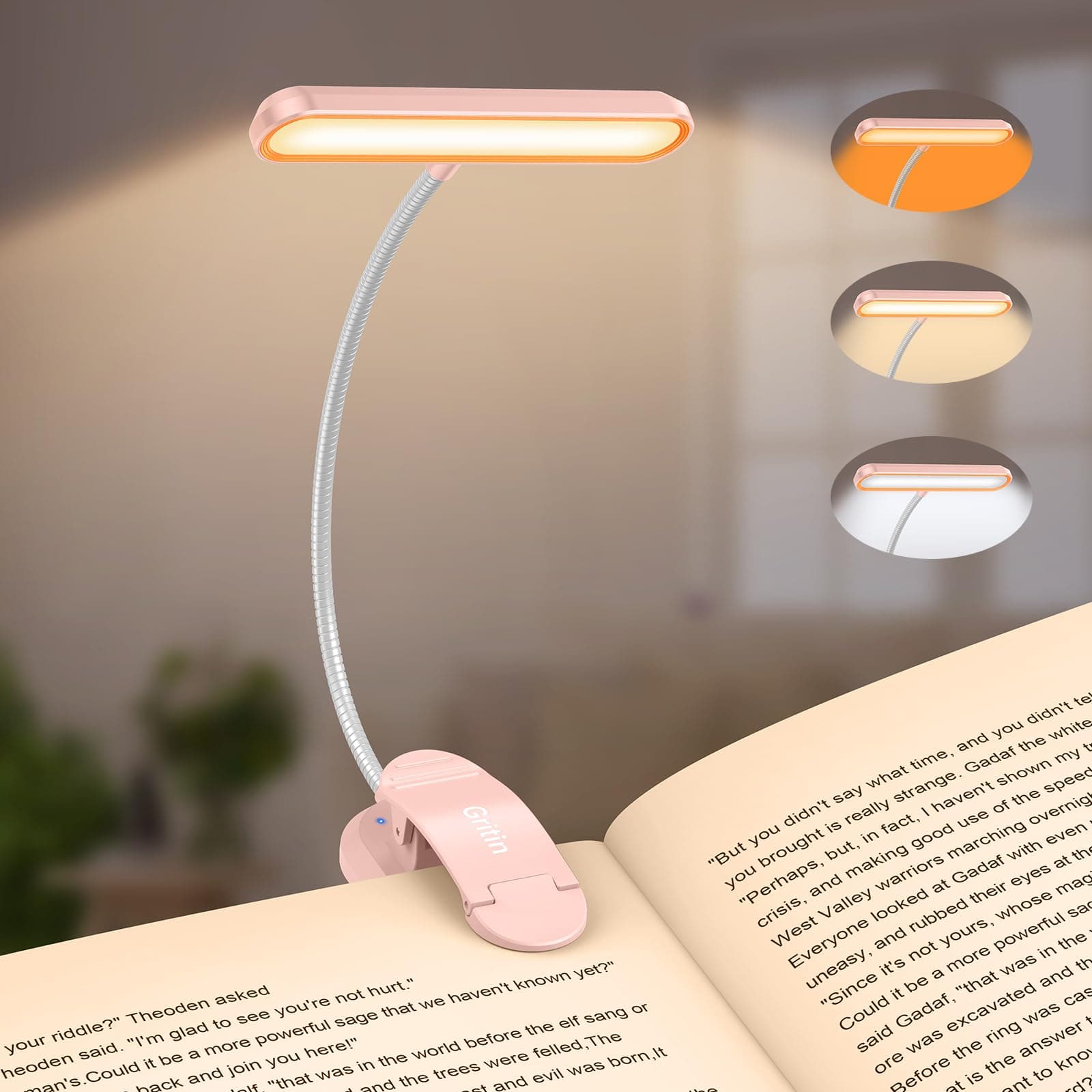 Gritin 19 LED Book Light, Reading Light Book Lamp for Reading at Night with Memory Function,3 Eye-Protecting Modes&5 Brightness Levels,Large Light Area,Long Battery Life,360° Flexible for Reader-Pink