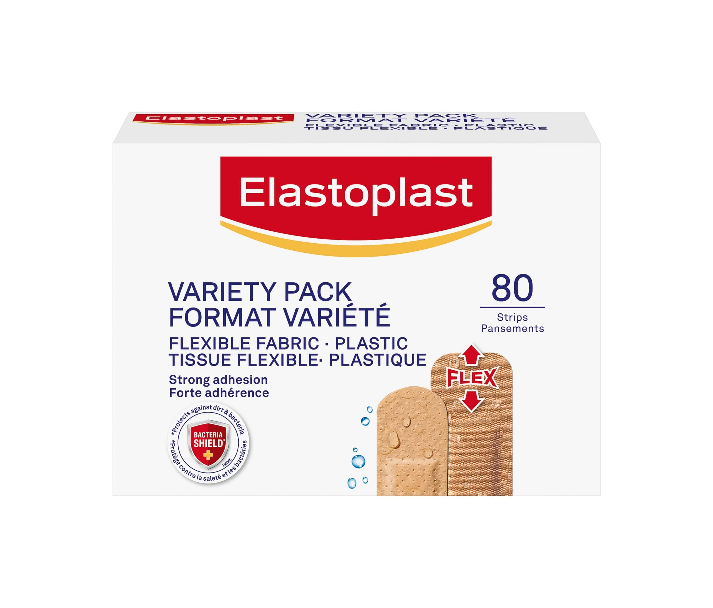 ELASTOPLAST Fabric and Plastic Adhesive Bandages Variety Pack (80 Strips), Flexible & Water-Resistant Bandage with All-Around Adhesion, Ideal for First Aid Kit (Imported from Canada)