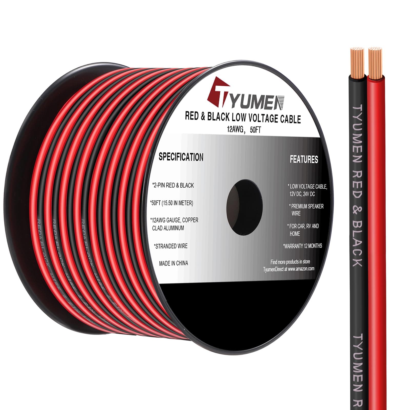12 Gauge Red Black Wire 50FT, 12/2 AWG Electrical Wire 12V/24V DC Cable, 12AWG 2 Conductor Flexible Copper Claded Aluminum Extension Cord for LED Ribbon Lamp Tape Lighting, in-Home, Autos Use