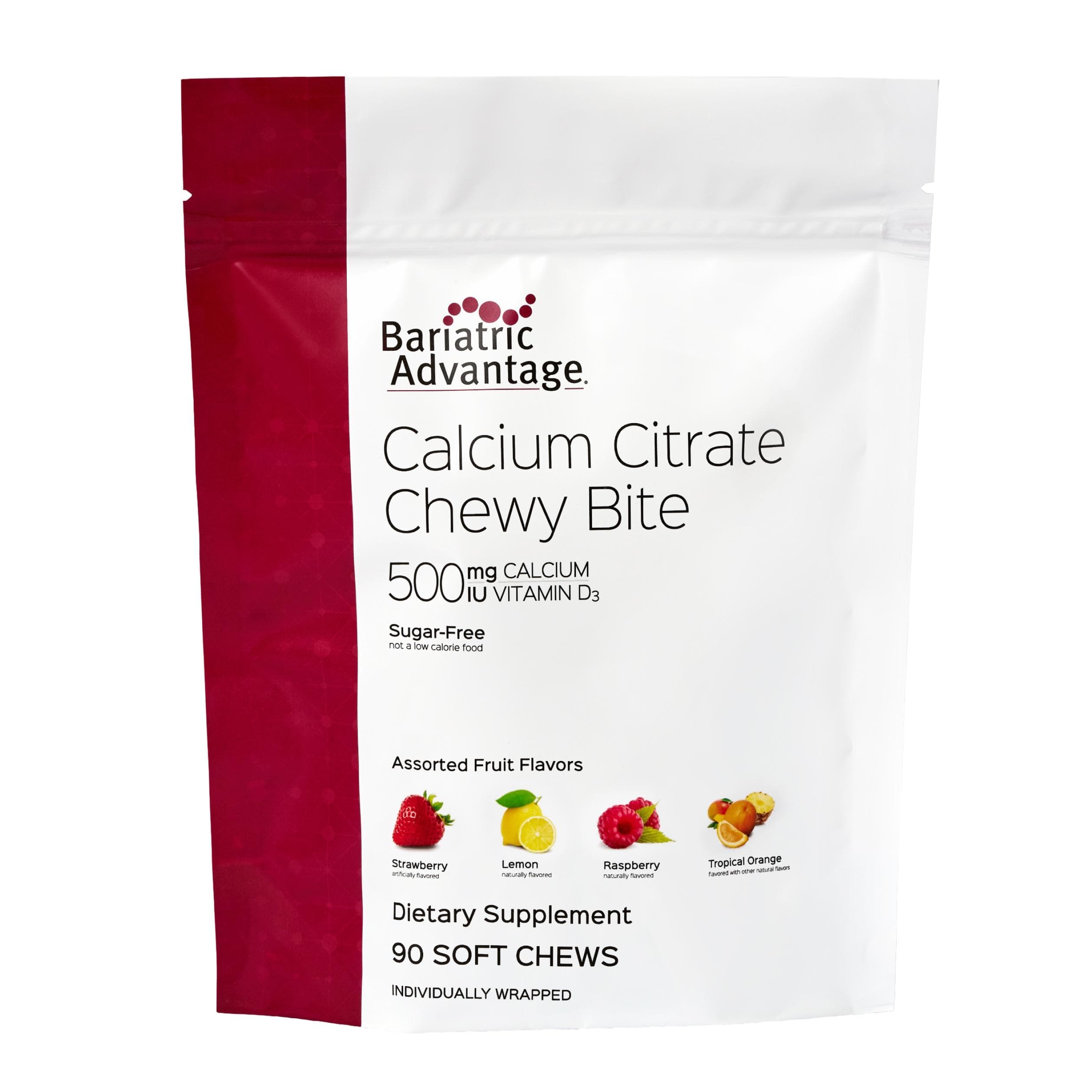 Bariatric Advantage Calcium Citrate Chewy Bites 500 mg - Highly Absorbable & Digestible - Vitamin D3 - Easily Chewable Calcium Supplement - Assorted Fruit - 90 Count