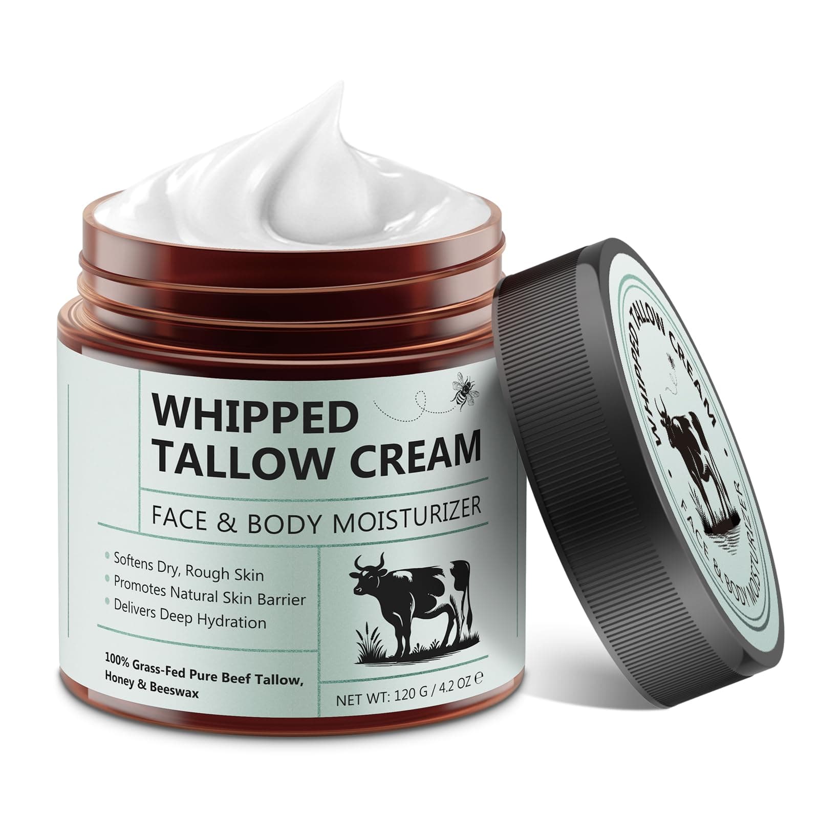 Whipped Beef Tallow for Skin - 100% Grass Fed Pure Beef Tallow with Honey, Natural Moisturizing Cream for Face and Body, Deep Hydration Softens Dry Skin, Nourishing Tallow Cream 4.2 Oz