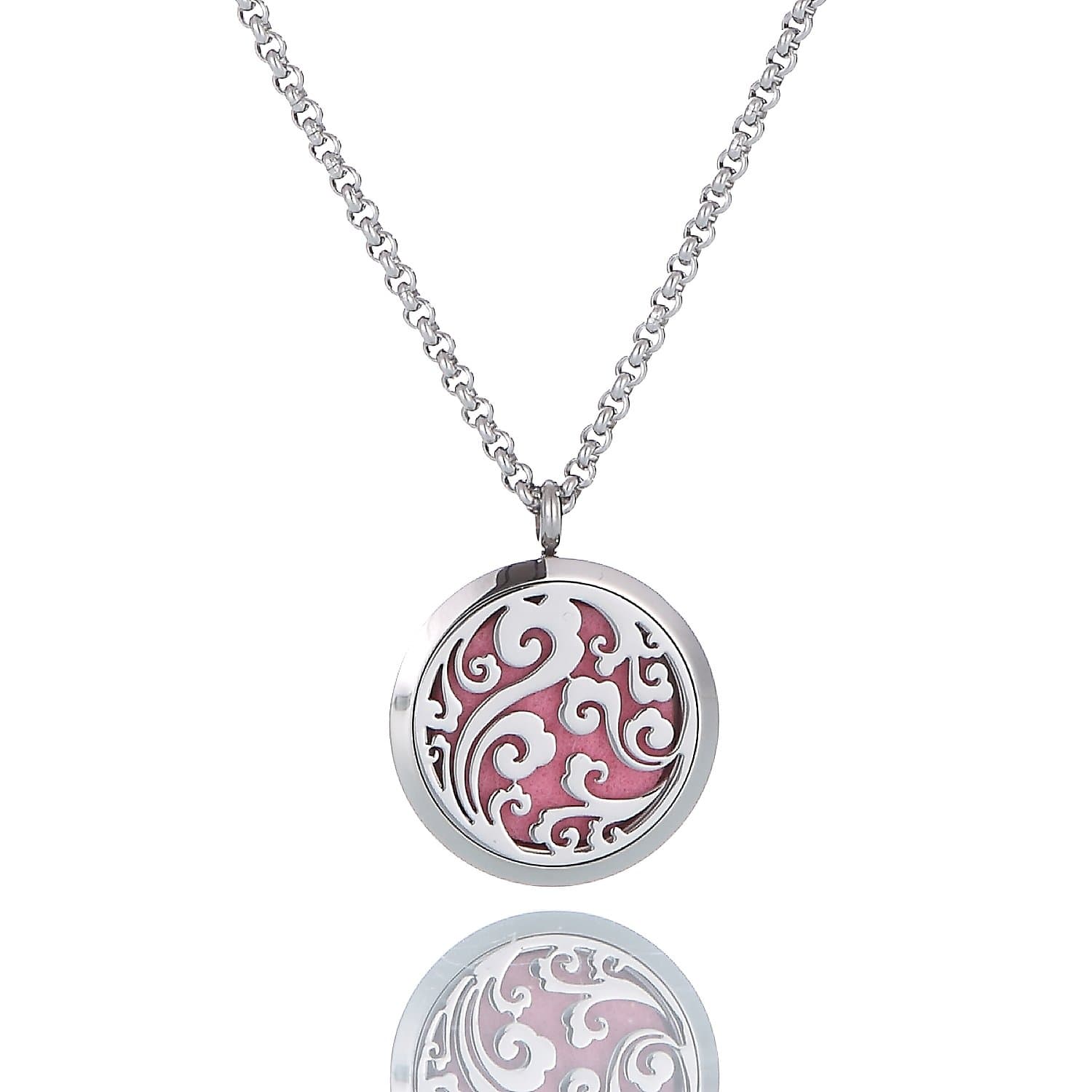 Essential Oils Diffuser Magnetic Locket / Carving Aromatherapy Round Pendant Necklace Chain and Cotton Pads Include