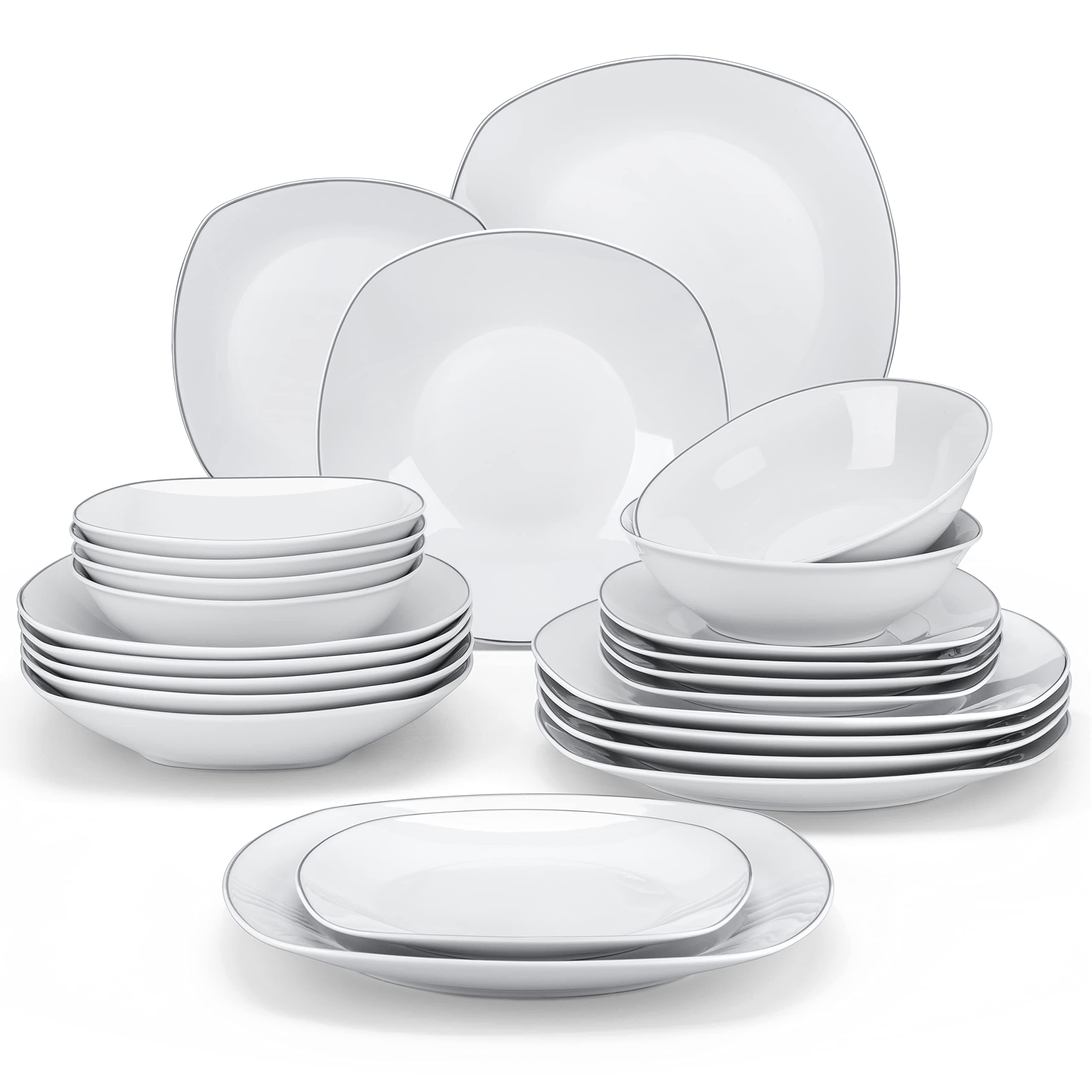 Dinner Sets for 6 People, 24-Piece Plates and Bowls Set with 6-Piece Dinner Plate/Soup Plate/Side Plate/Cereal Bowl, Dinnerware Set with Siliver Rim,Series Elisa