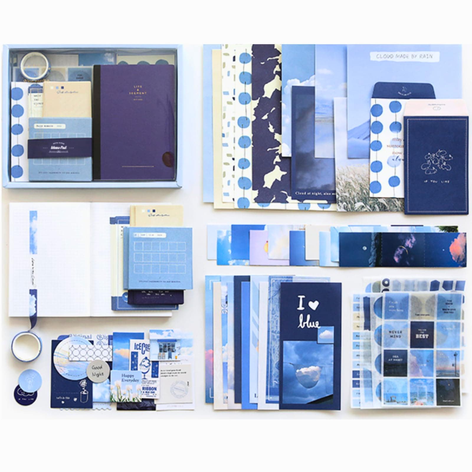 The AutoStory Scrapbook Set A6 Junk Journal Notebook Aesthetic Stickers Paper Pack Washi Tape DIY Craft Art Diary Planner Decor Keepsake Gift Teens Girls (The Wind Chases The Clouds, Blue)