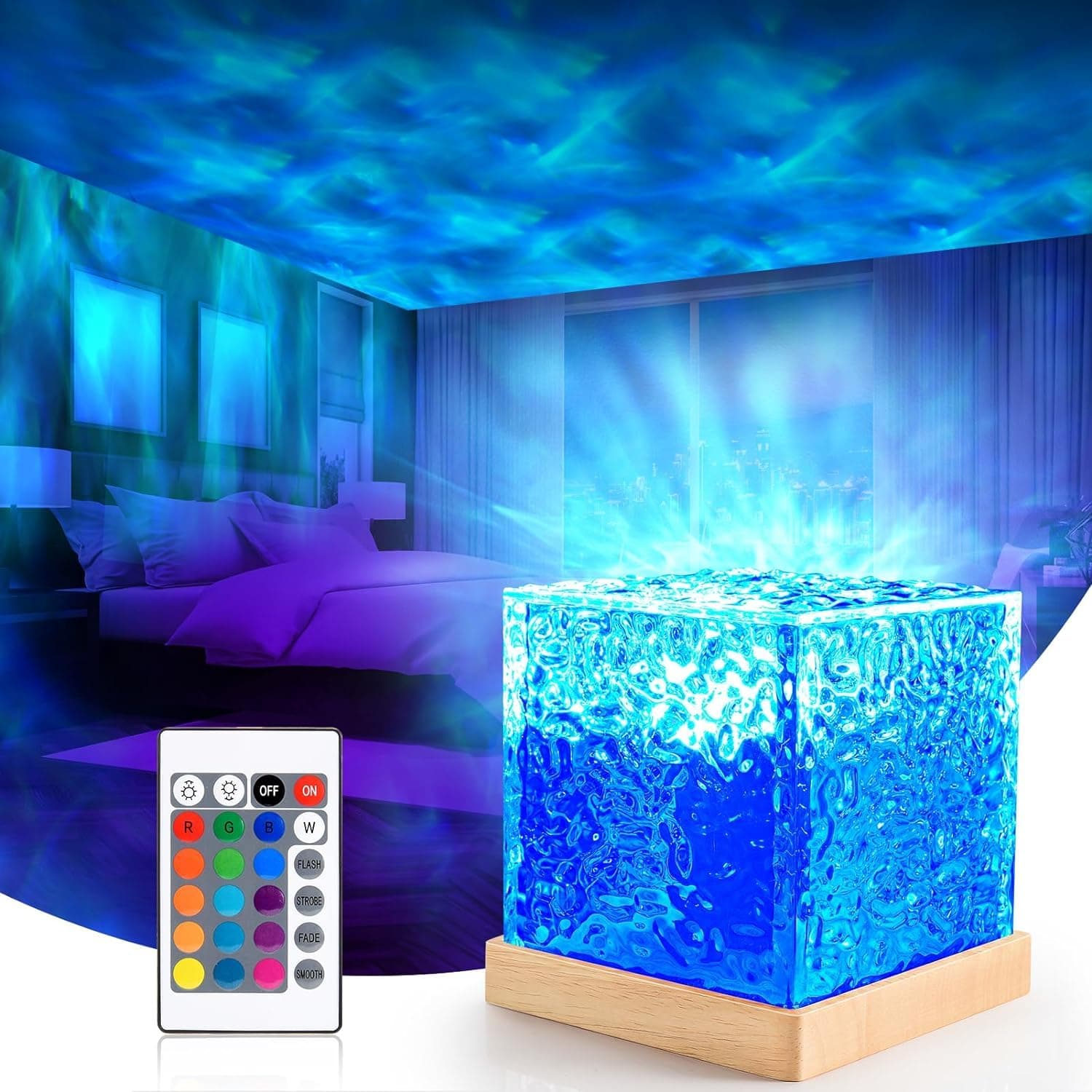 FLYNGO Plastic 3D Ocean Wave Night Light Projector for Kids Bedroom, Romantic Water Wave Effect, 16 Colors Gradual Rotating LED Night Lamp Projector with Remote Control for Room (Cube, Transparent)