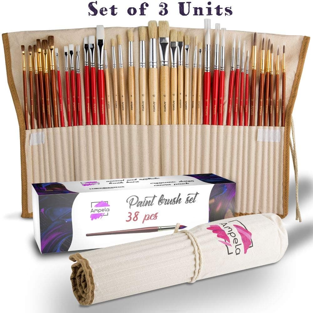Paint Brush Set for Hobby/Office Brushes Pack for Art (38 pcs) with Case for Watercolor/Oil/Acrylic/Gouache Painting, Paintbrush with Professional Wood Handle for Artists, Kids & Adults Set 3 Units