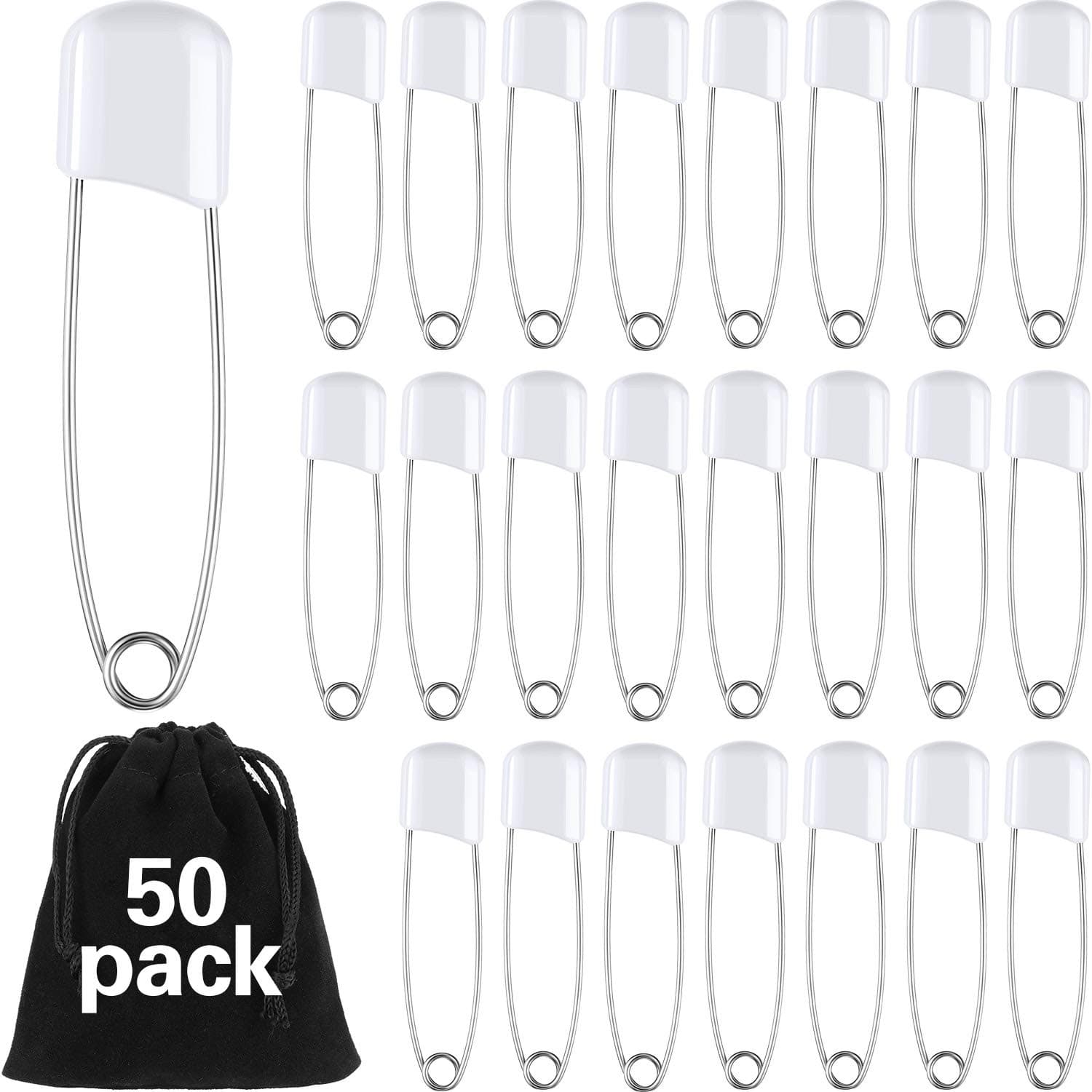 50 Pieces Diaper Pins Safety 2.2 Inch Plastic Head Cloth Diaper Nappy Pins with Locking Closures Stainless Steel with Velvet Bag(White)