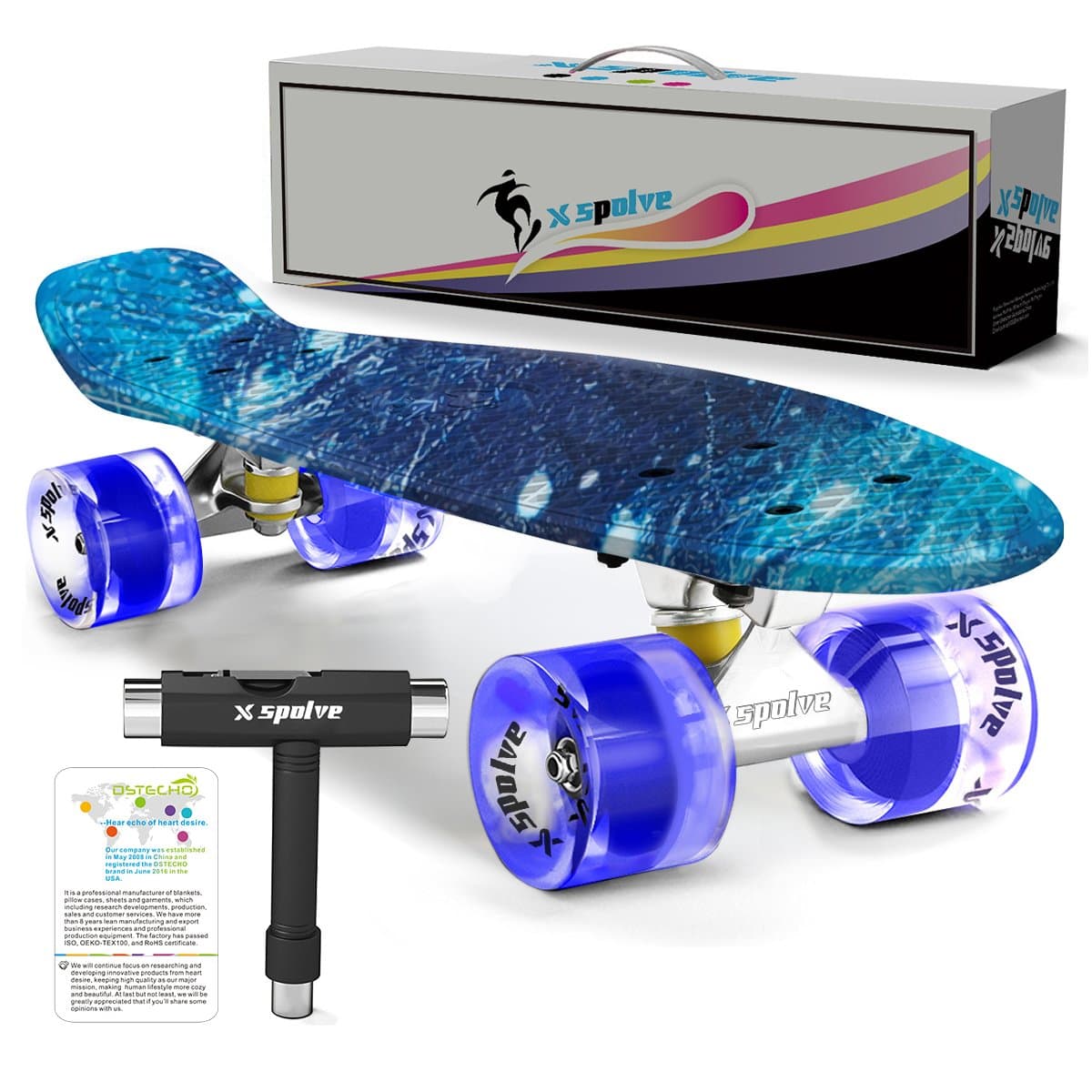 XSPOLVE 22" Complete Skateboard with Colorful LED Light Up Wheels for Kids,Youths, Beginners(Free T-tool) (Galaxy with Transparent Blue Wheels)