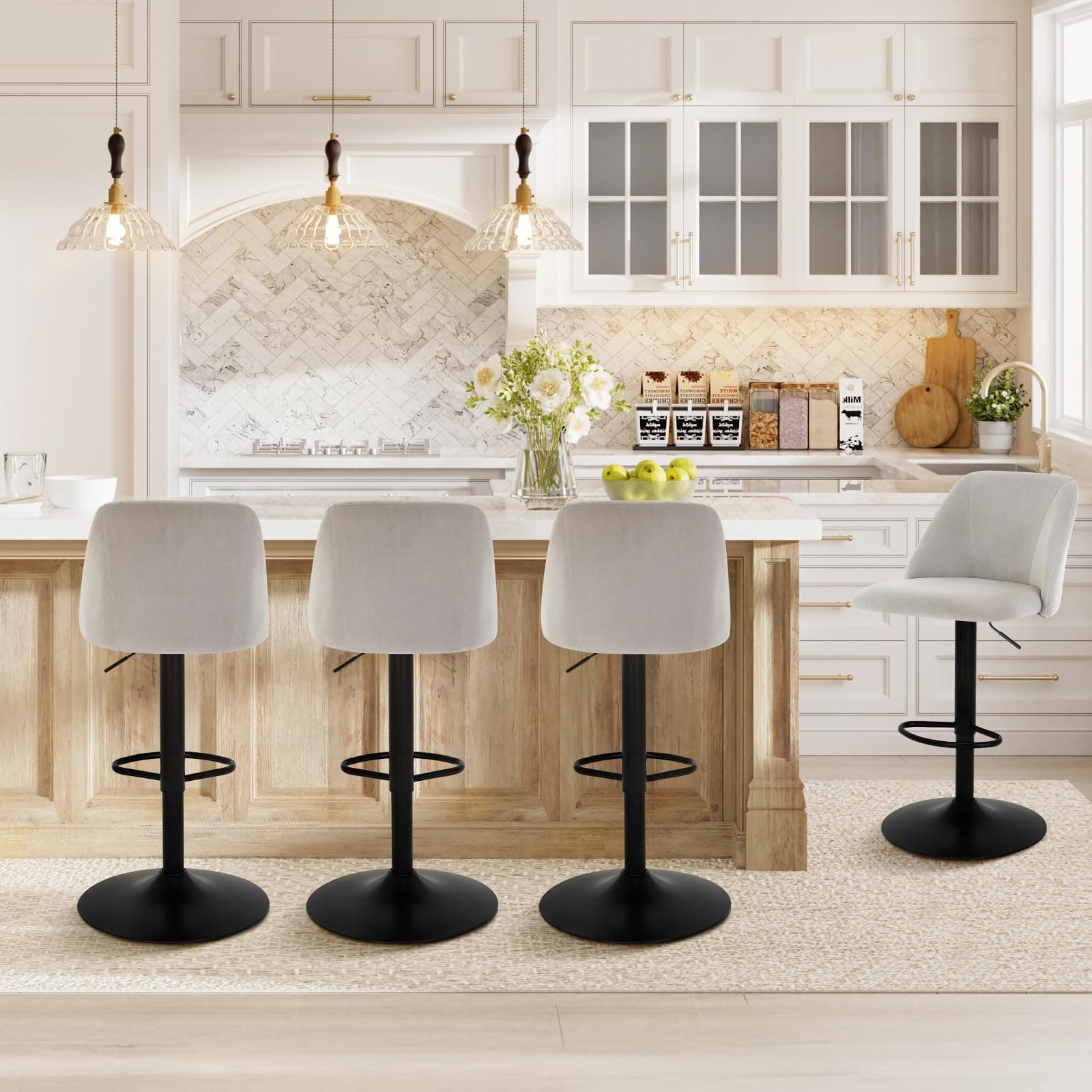 COLAMY Bar Stools Set of 4, Modern Swivel Bar Chairs, Adjustable Upholstered Barstools Counter Height with Full Backrest for Bar, Dining Room, Kitchen Island, Grey