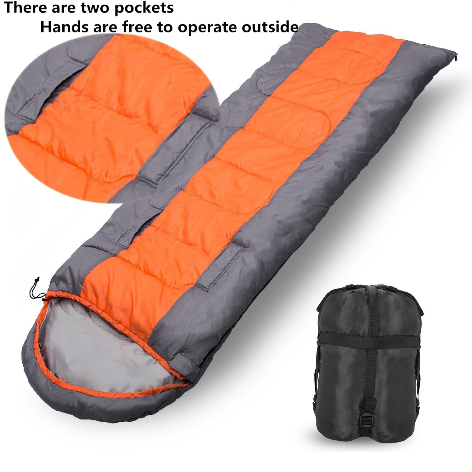 CHMY 3 Season Sleeping Bag, Envelope Shape with Hood for Camping Hiking Trekking(5ºC ~20ºC), Hands Can be Reached out, Waterproof Shell & High-Loft Fill Construction, (180+30)x75cm