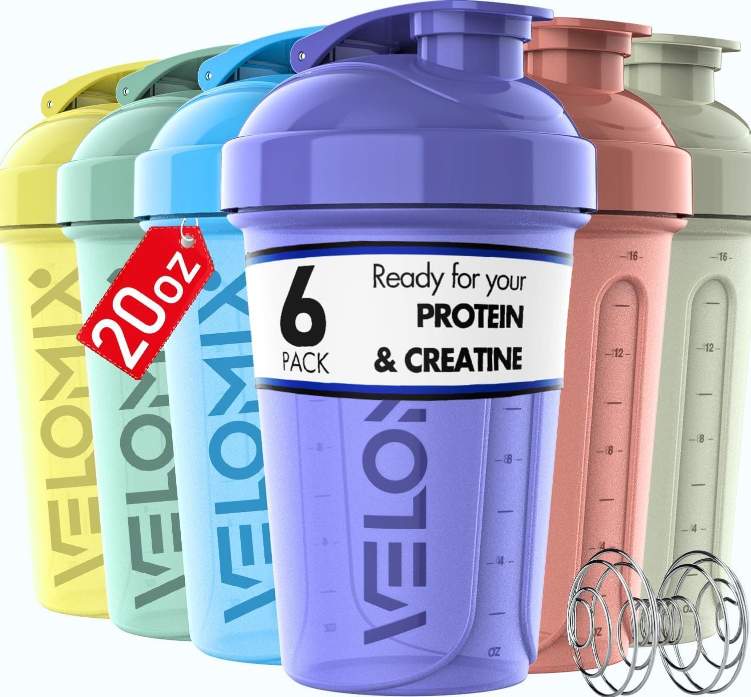 VELOMIX -6 PACK- 20 oz Protein Shaker Bottle for Protein Mixes - 6x Wire Whisk | Leak Proof Shaker Cups for Protein Shakes | Stackable Protein Shaker Bottle Pack | Dishwasher Safe (Pastel Shades)
