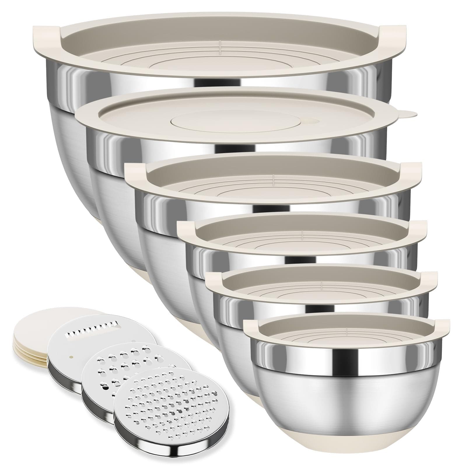 Fyrnova Mixing Bowls with Lids Set, 6 Piece Stainless Steel Nesting Storage Bowls for Kitchen, with 3 Grater Attachments & Non-Slip Bottoms, Size 5.5,3.5,2.5,2.1,1.5,1.1 QT