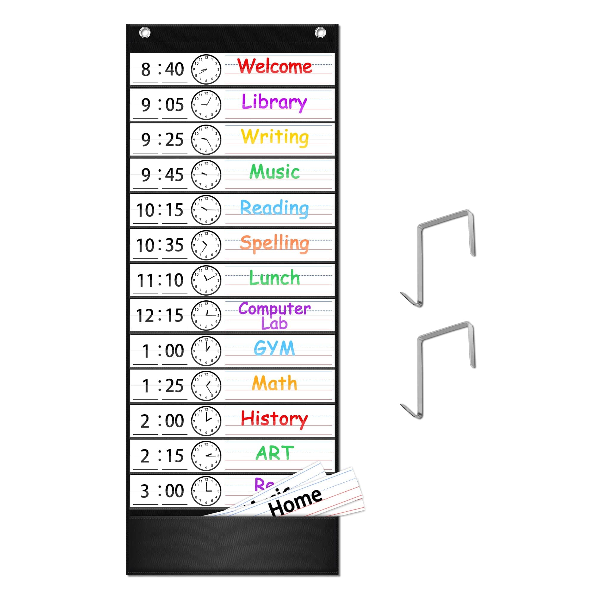 EAMAY Daily Schedule Pocket Charts, Teacher Schedule Chart with Resuable 18 Custom Cards, Classroom Pocket Chart for School Office or Homeschool Activities, Black