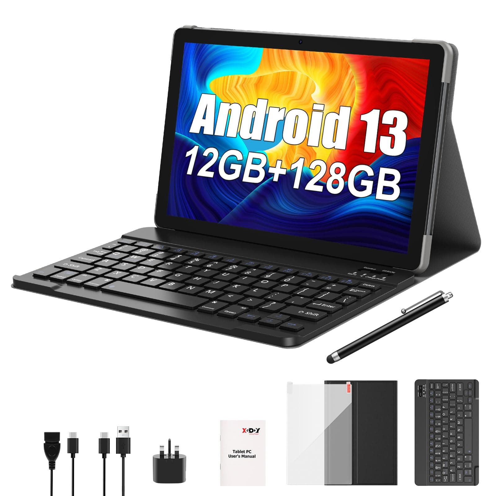 XgodyTablet 10 Inch 2024 Newest Android 13,4-Core 2.0GHz,5G WIFI,12GB RAM+128GB ROM (TF 1TB), 8000mAh,Battery/WLAN/Tablet With Keyboard,Case(Gray)