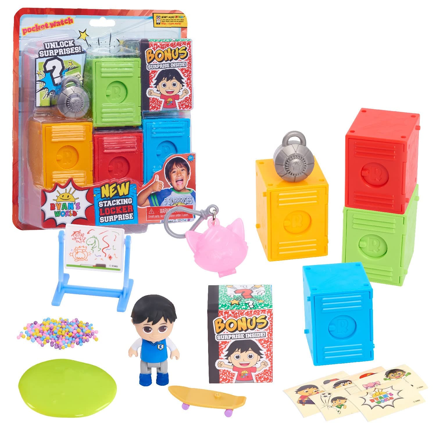Ryan’s World Stacking Surprise Lockers, 5 Pre-filled Lockers, Includes Figure, Slime, Keychain, Styles May Vary, Kids Toys for Ages 3 Up