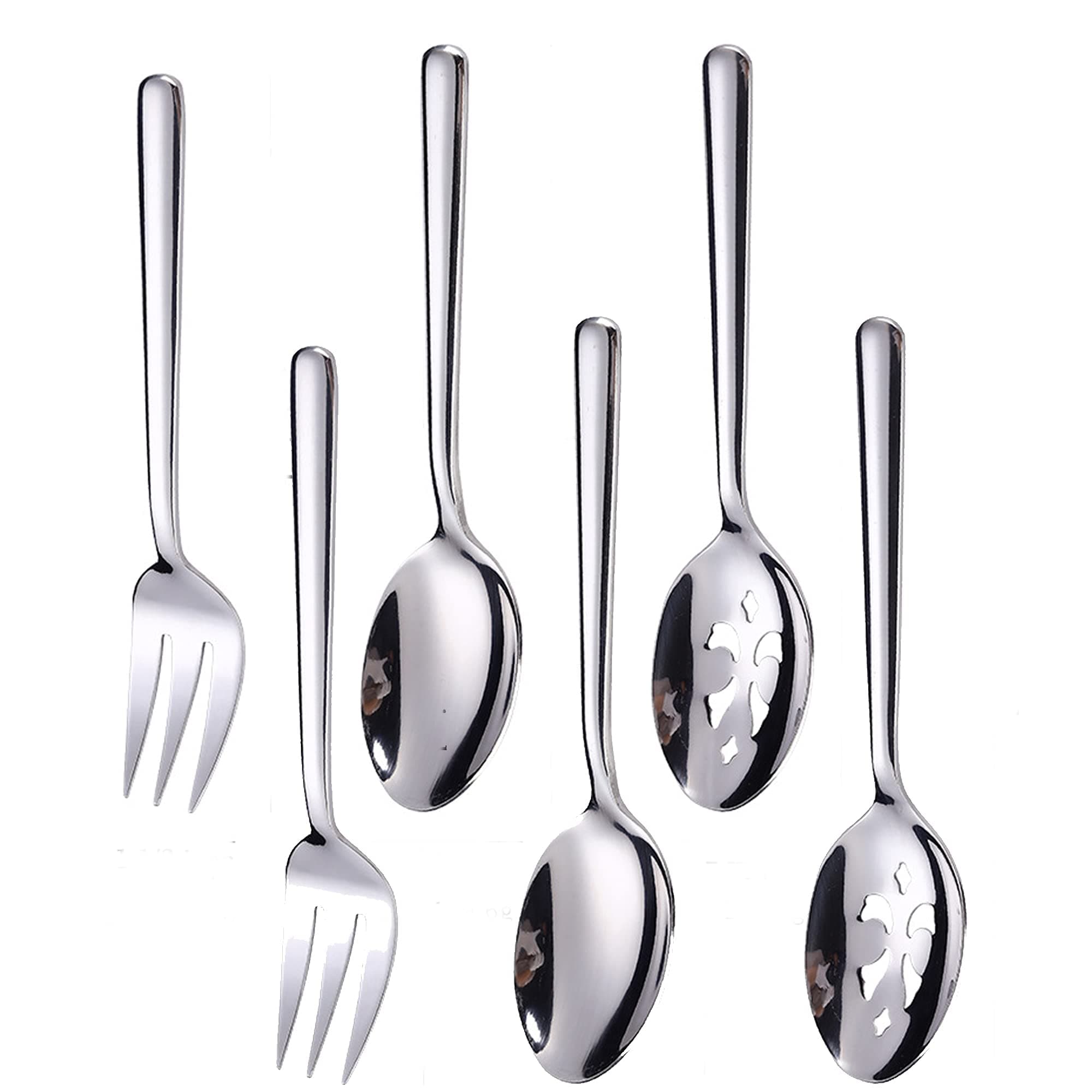 Serving Spoons*2 Slot Spoons* 2 Forks *2 Buffet Colander Stainless Steel Banquet Set, Set of 6. Lenght 9" (6-spoon forks set)