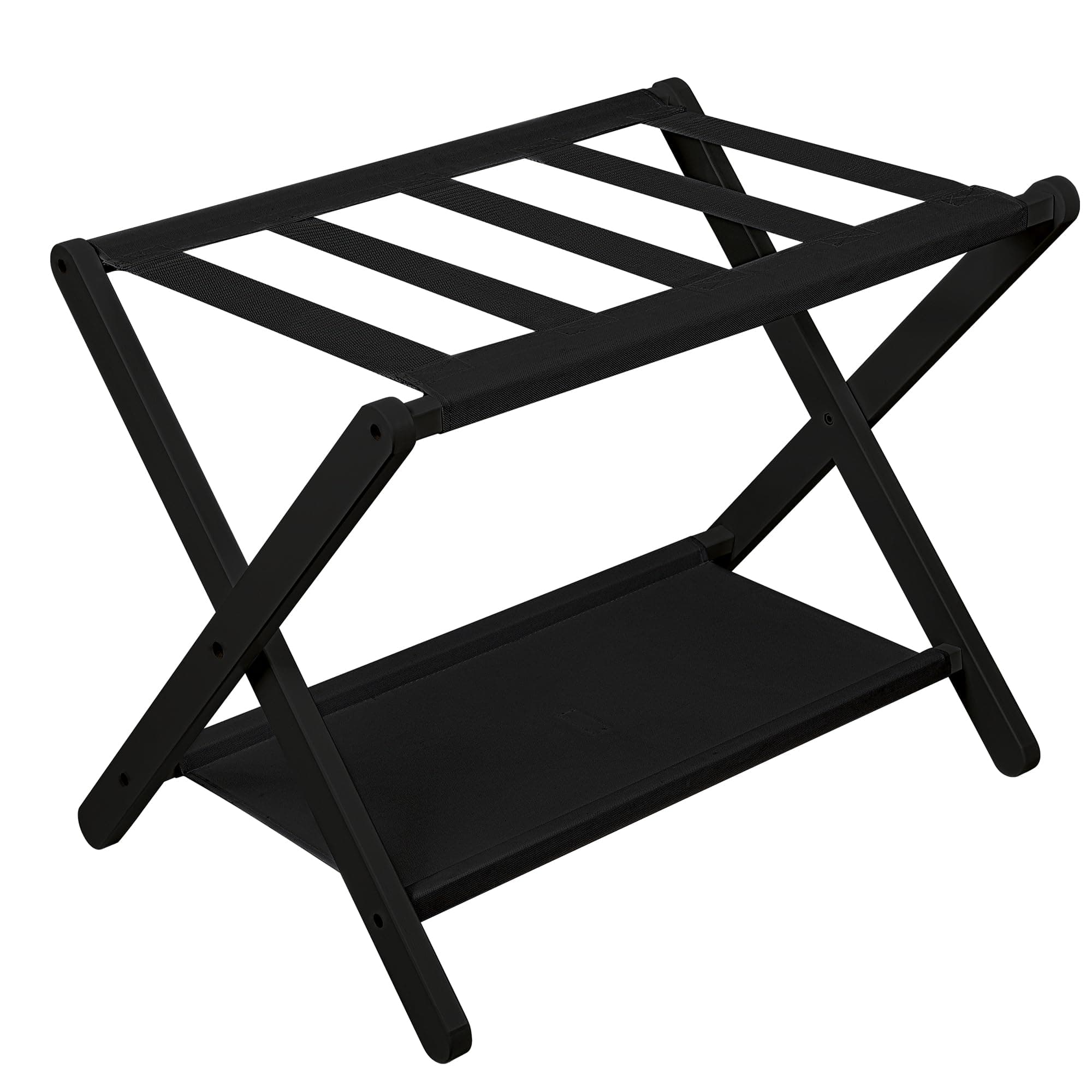 VASMIA Luggage Rack, Folding Suitcase Stand with Storage Shelf,Bamboo Luggage Stand for Guest Room,Bedroon and Hotel,Holds up to 131 lb,Fit Most Luggage Size,Black