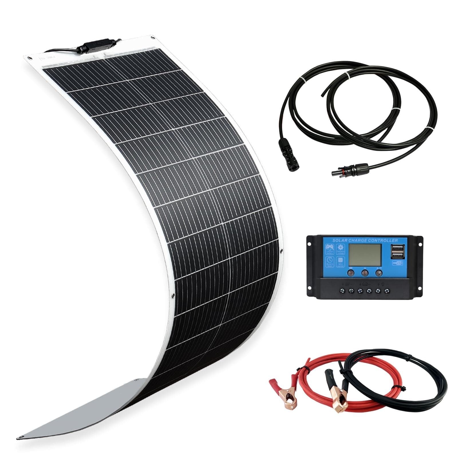 XINPUGUANG 100W Flexible Solar Panel 12V System kit 10A Charge Controller Cables with Alligator Clip PV Connector Cables for Yacht, Boat, RV, Cabin, 12v Battery Charge