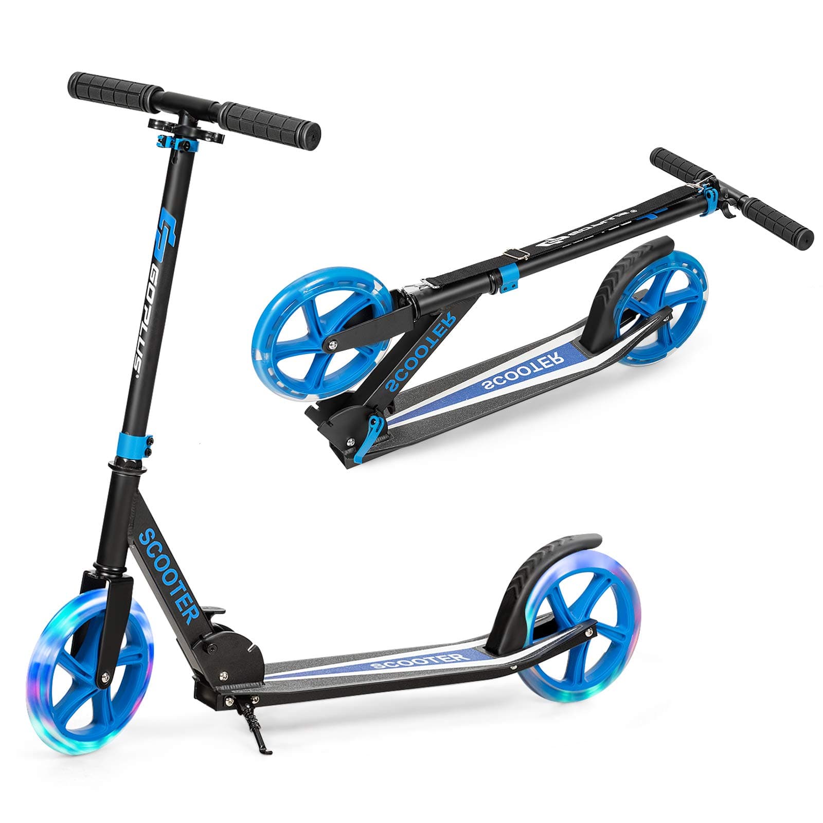 Folding Kick Scooter, 2 Flash Wheels Scooter with 3-Level Adjustable Handlebar and Rear Foot Brake, Lightweight Aluminum Sports Scooters for Kids Teens Adults
