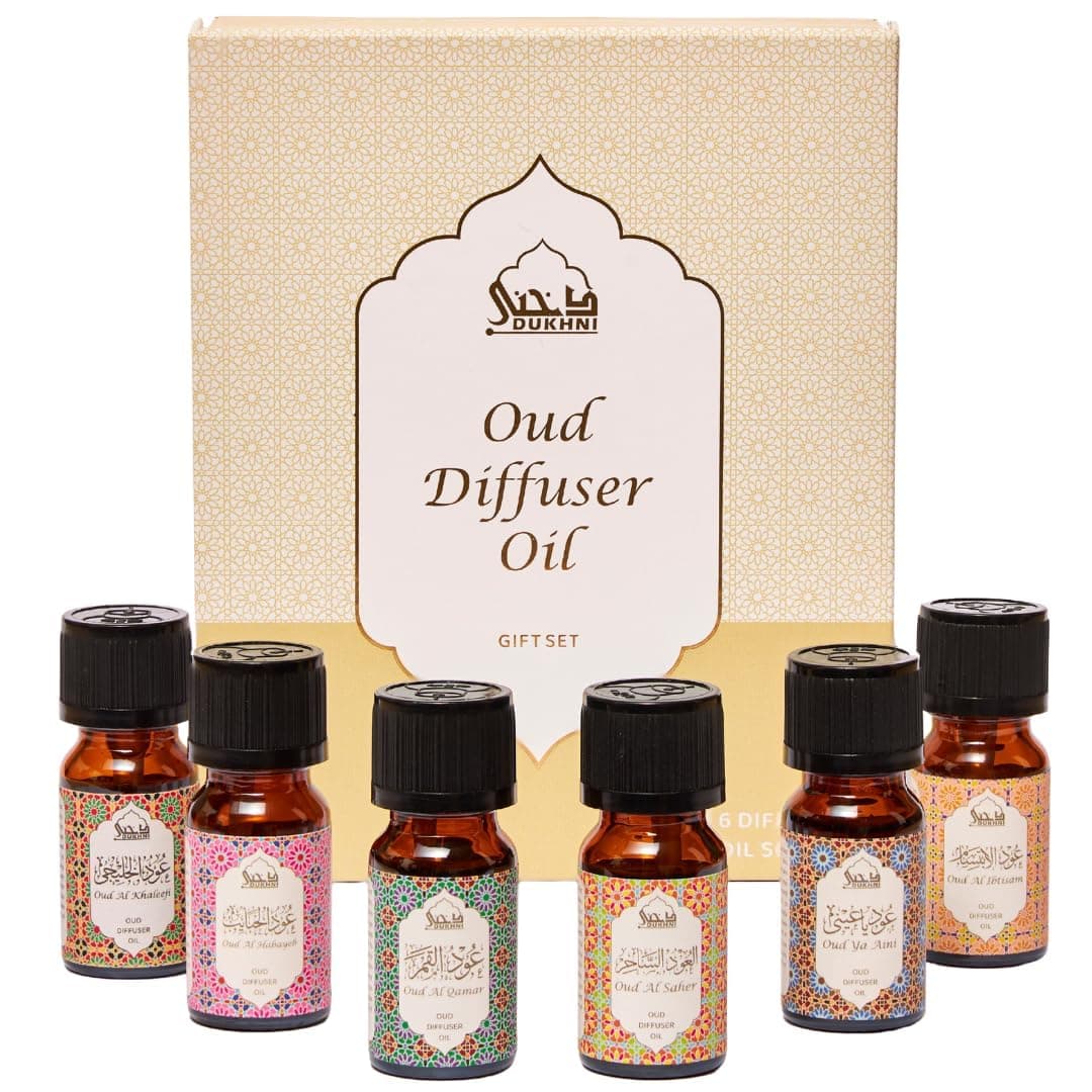 Oud Diffuser Oil, Essential Oil Gift Set by Dukhni | 6 x 10ml Arabic Oil Gift Set for Diffuser & humidifier | 100% Pure Halal Oudh Oils | Relax with Home Aromatherapy, for Relaxation and Massage