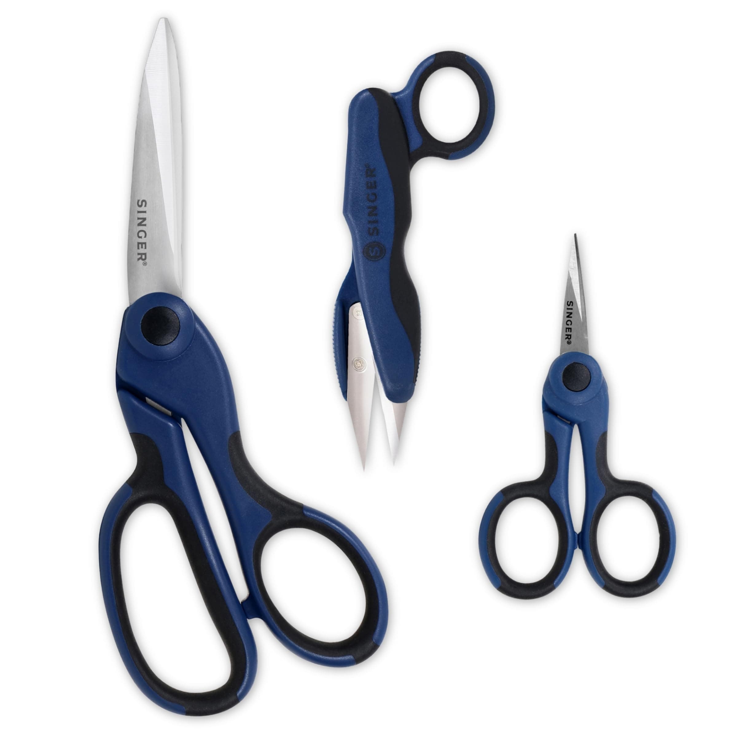 SINGER ProSeries Sewing Scissors Bundle: 8.5" Heavy Duty Fabric, 4.5" Detail Embroidery, 5" Thread Snips With Comfort Grip (Dark Blue)