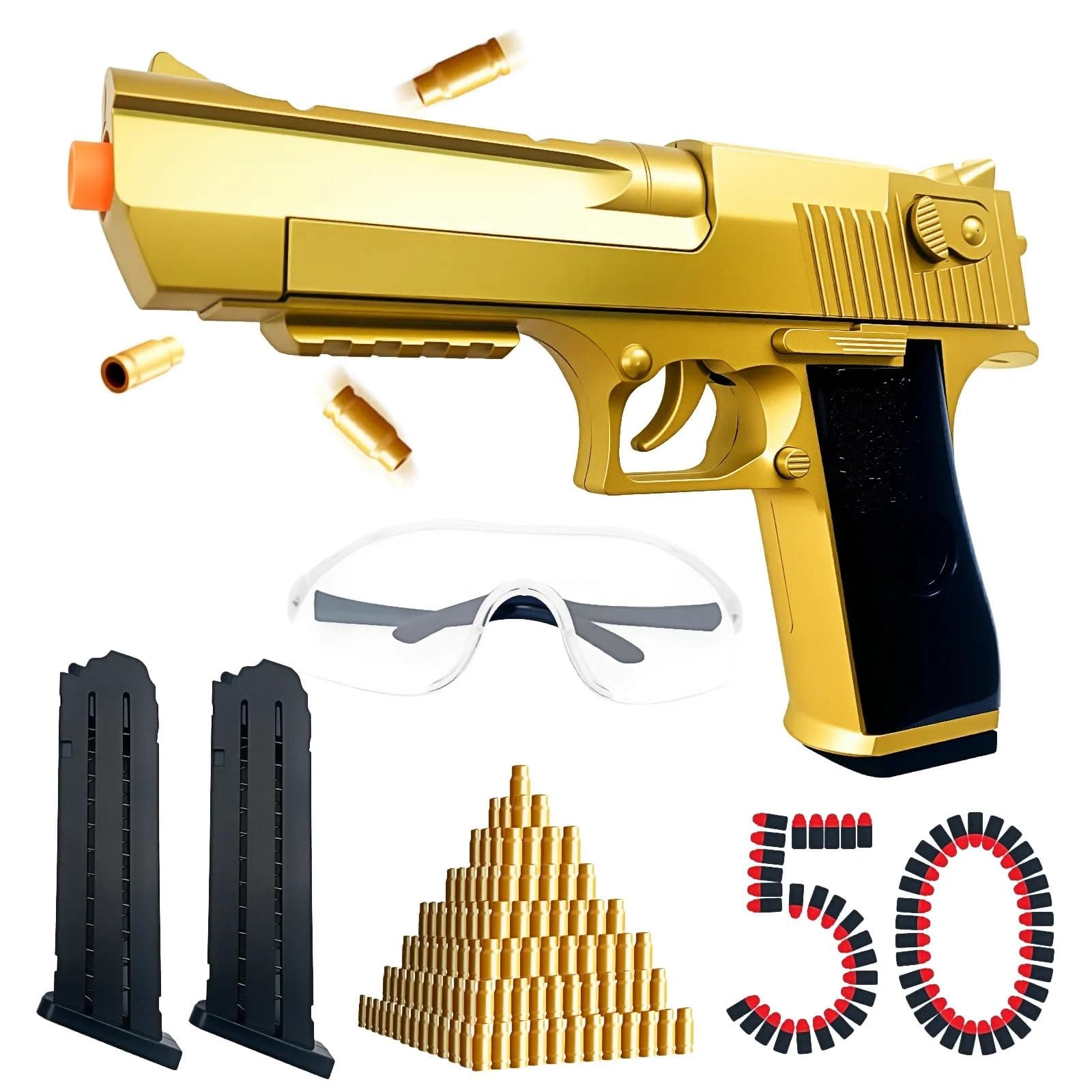 Shell Ejecting Toy Gun for Kids & Adults - Realistic Tactical Blaster with 50 Soft Foam Bullets, Safety Goggles - Shoots 32 Feet - Christmas Birthday Gift for Boys Teens - Outdoor Backyard Battle Game