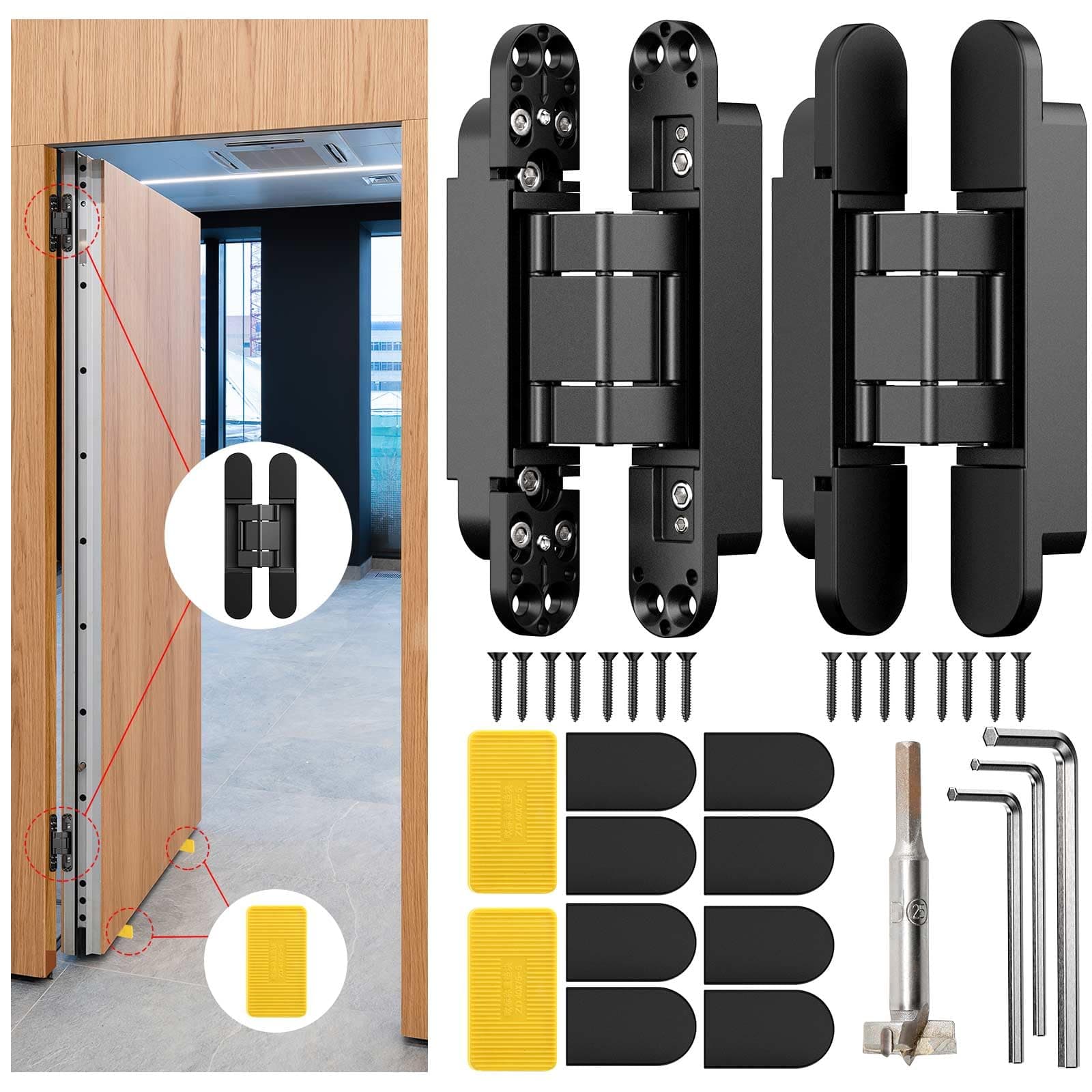 6" Hidden Door Hinge/Concealed Hinges,Invisible Hinges,Invisible Door Silent 180 Degree Swing Hinge 3-Way Adjustable Butt 6 x 2.5 x 1inch (Pack of 2) (Black)
