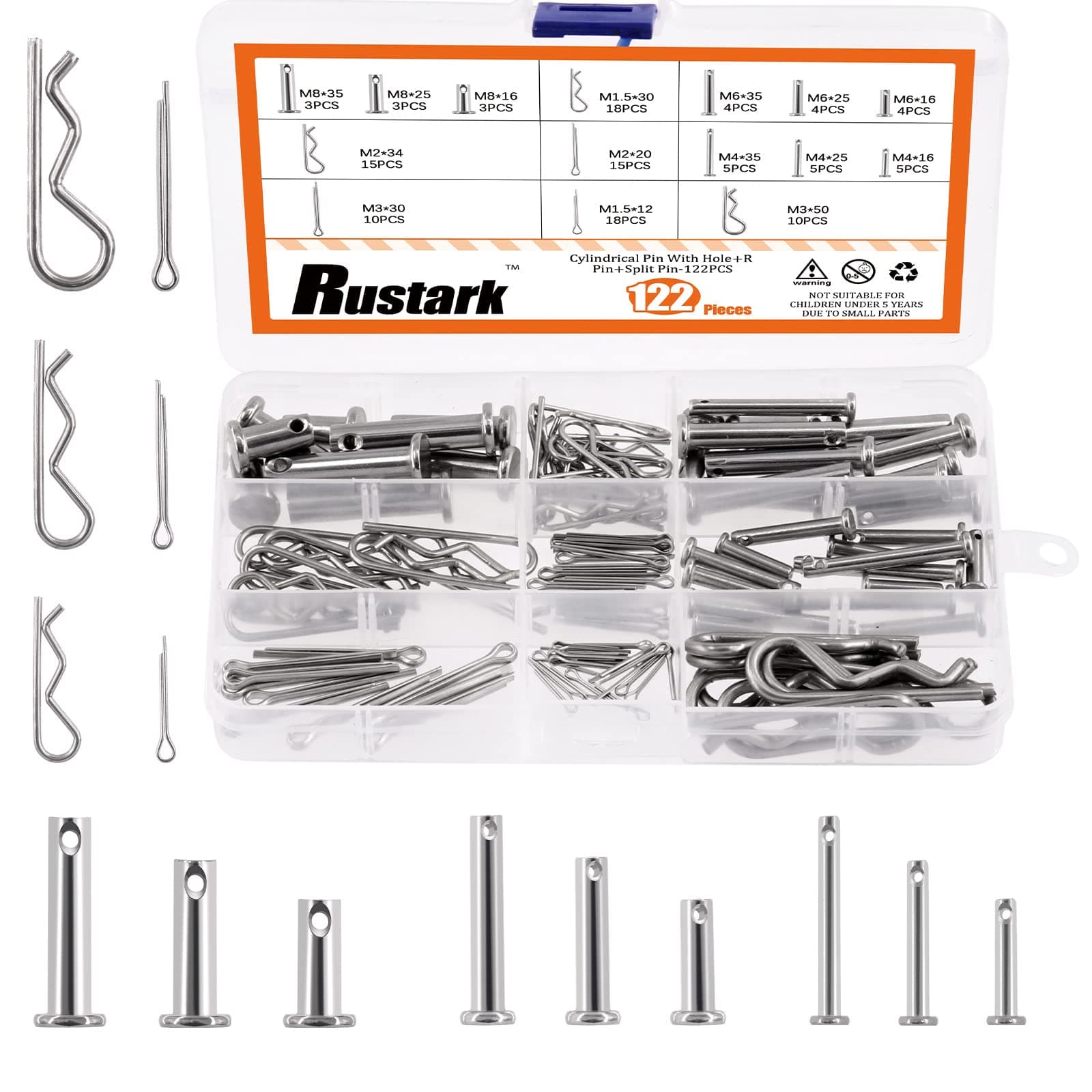 Rustark 122Pcs 15 Sizes 304 Stainless Steel Cotter Pin Clip Key Fastener Fitting Assortment Kit M1.5 M2 M3 Cotter Pin R Shaped Cotter Pins M4 M6 M8 Clevis Pins for Automotive Mechanics Repair