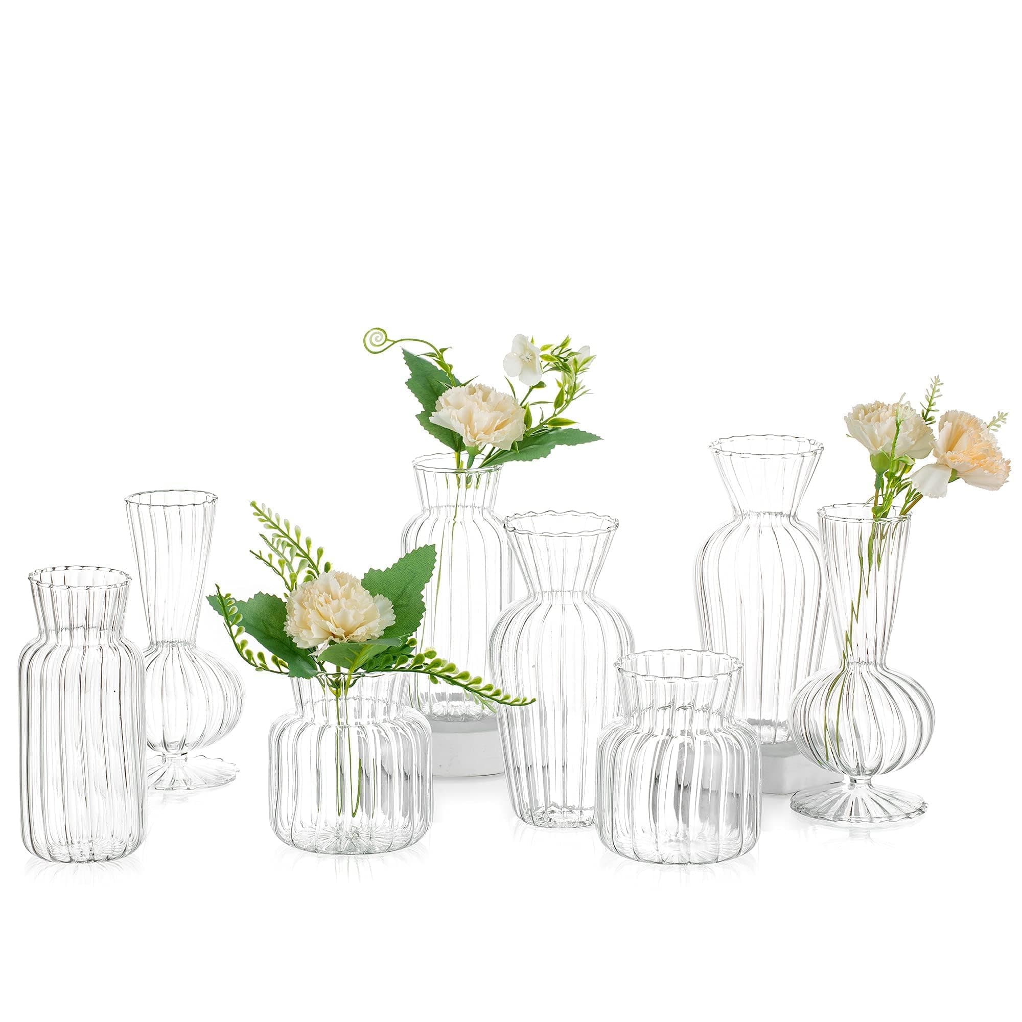 Modern Clear Glass Bud Vase Bulk Set: Glasseam 8Pcs Small Mini Flower Centerpieces Vases Handmade DecorativeCute Short Window Corner Home Decor for Wedding Reception Dining Table Single Rose