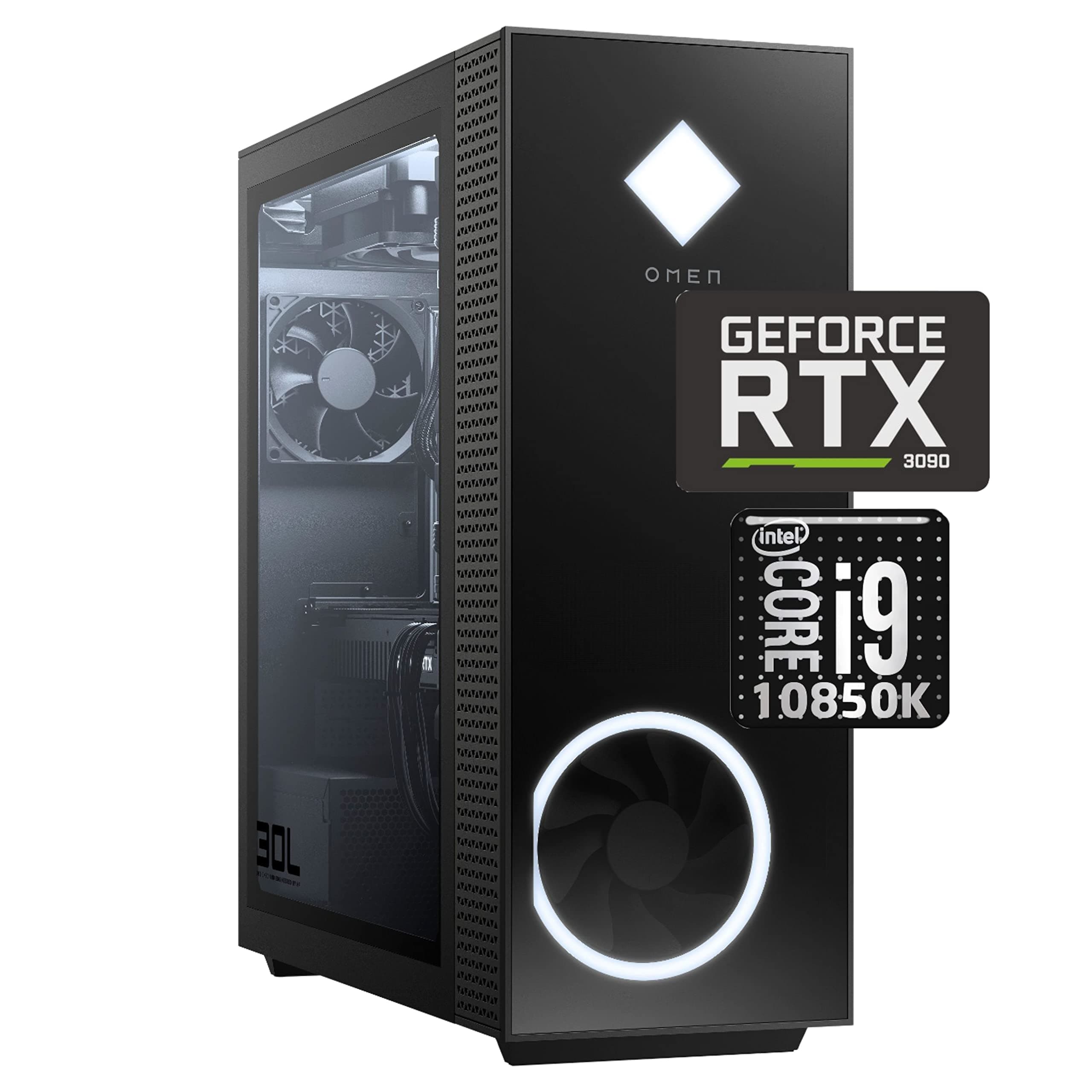 HP OMEN 30L Gaming Desktop PC, Intel Core i9-10850K (Up to 5.20GHz), GeForce RTX 3090, 128GB RAM, 2TB SSD + 8TB HDD, Liquid Cooling, Wi-Fi 6, Bluetooth, HDMI, DP, RGB Light, Black
