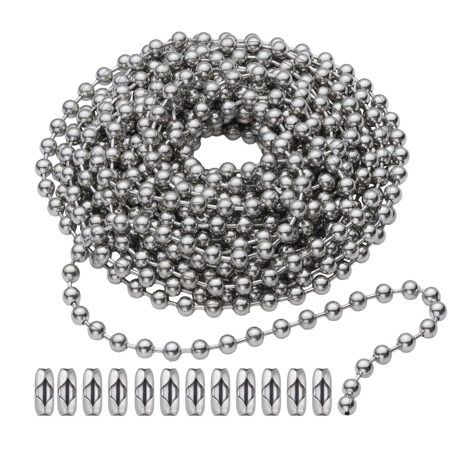 SmoTecQ 10 Feet (120 Inch) Ceiling Fan Pull Chain Extension - Nickel Plated Silver - 3mm Beaded Ball Chain with 12 Connectors - Rust Proof Solid Brass for Light Fixtures & DIY Crafts