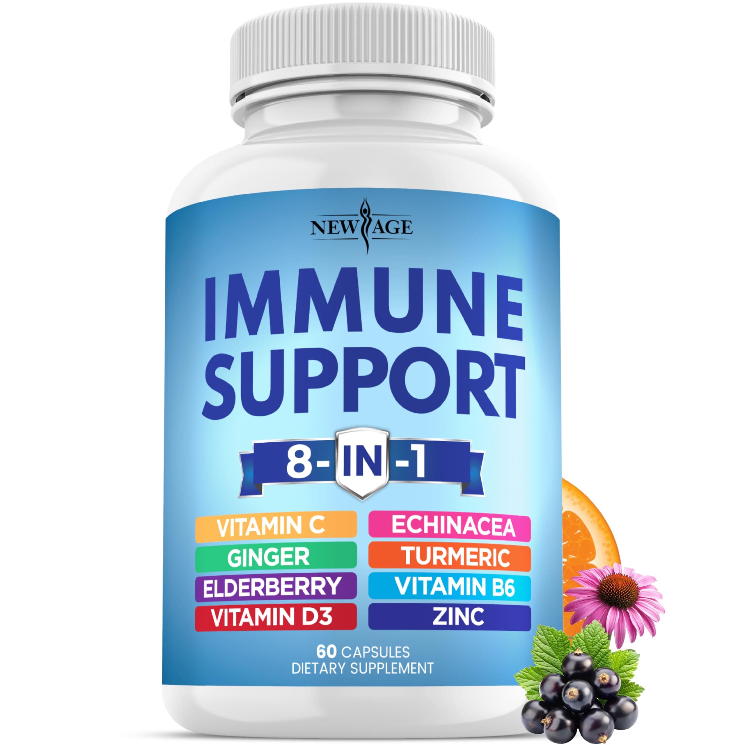 8 in 1 Immune Support Booster Supplement with Echinacea, Vitamin C and Zinc 50mg, Vitamin D 5000 IU, Turmeric Curcumin & Ginger, B6, Elderberry 60 Count (Pack of 1)