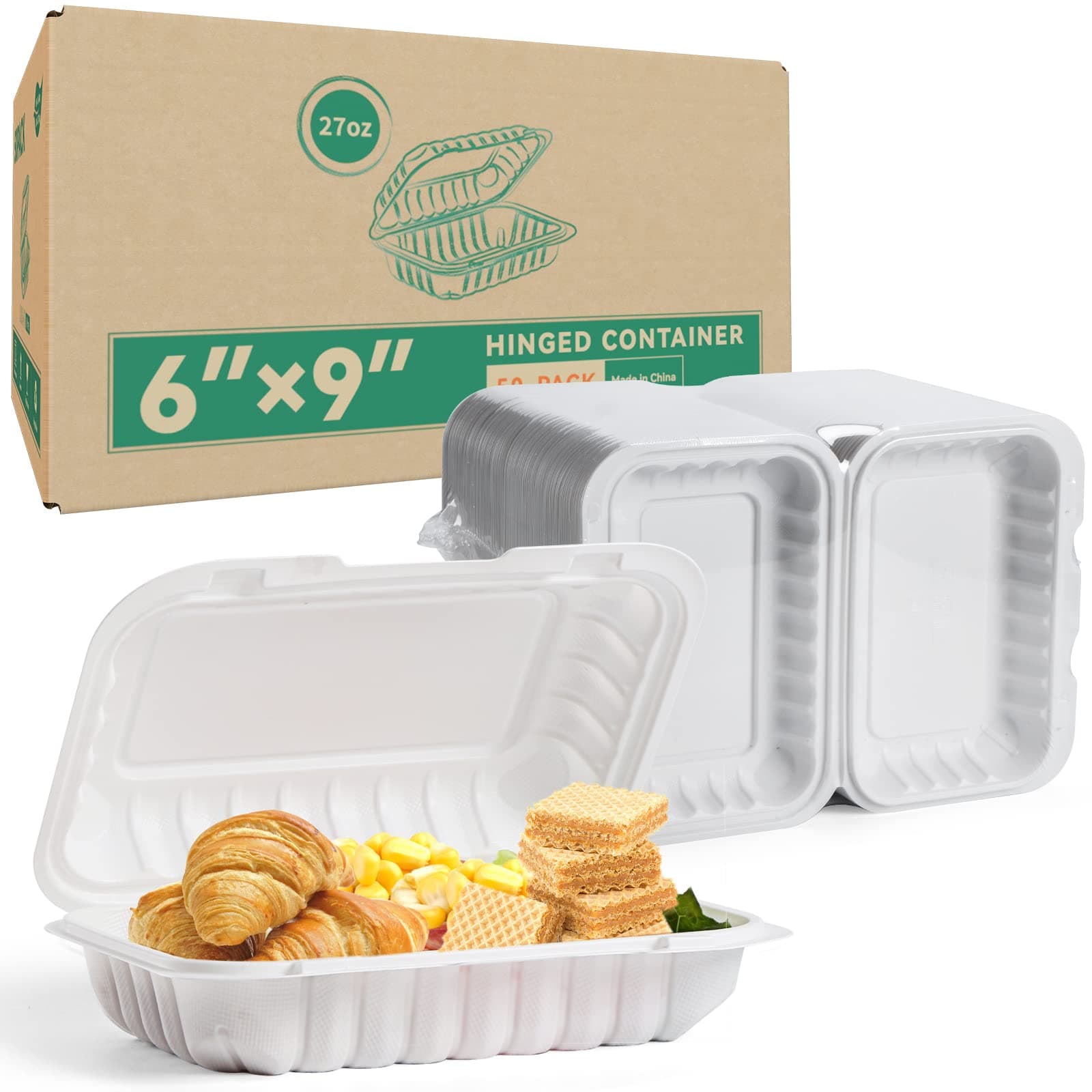 Plastic Containers Mineral Filled PP 9x6 - Shrink Wrap 50 Pack 27oz BPA Free Takeout Box | Freezer Microwave & Dishwasher Safe | Reusable & Disposable Container for To Go Bulk Catering | White