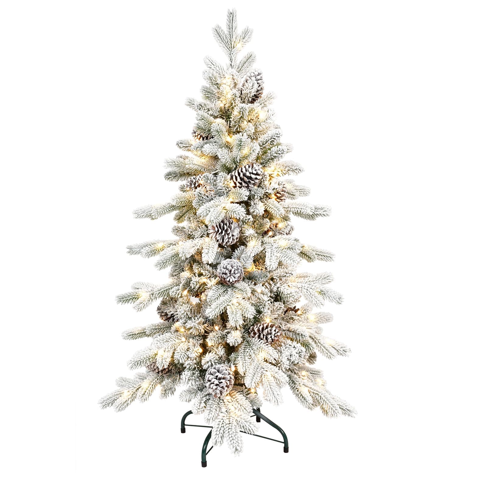 4 FT Pre-Lit Snow Flocked Slim Fir Christmas Tree with 455 PE & PVC Mixed Branch Tips,Artificial Skinny Pencil Xmas Tree with 200 Warm-White Lights & 19 Pine Cones,Hinged Pine Tree with Metal Stand