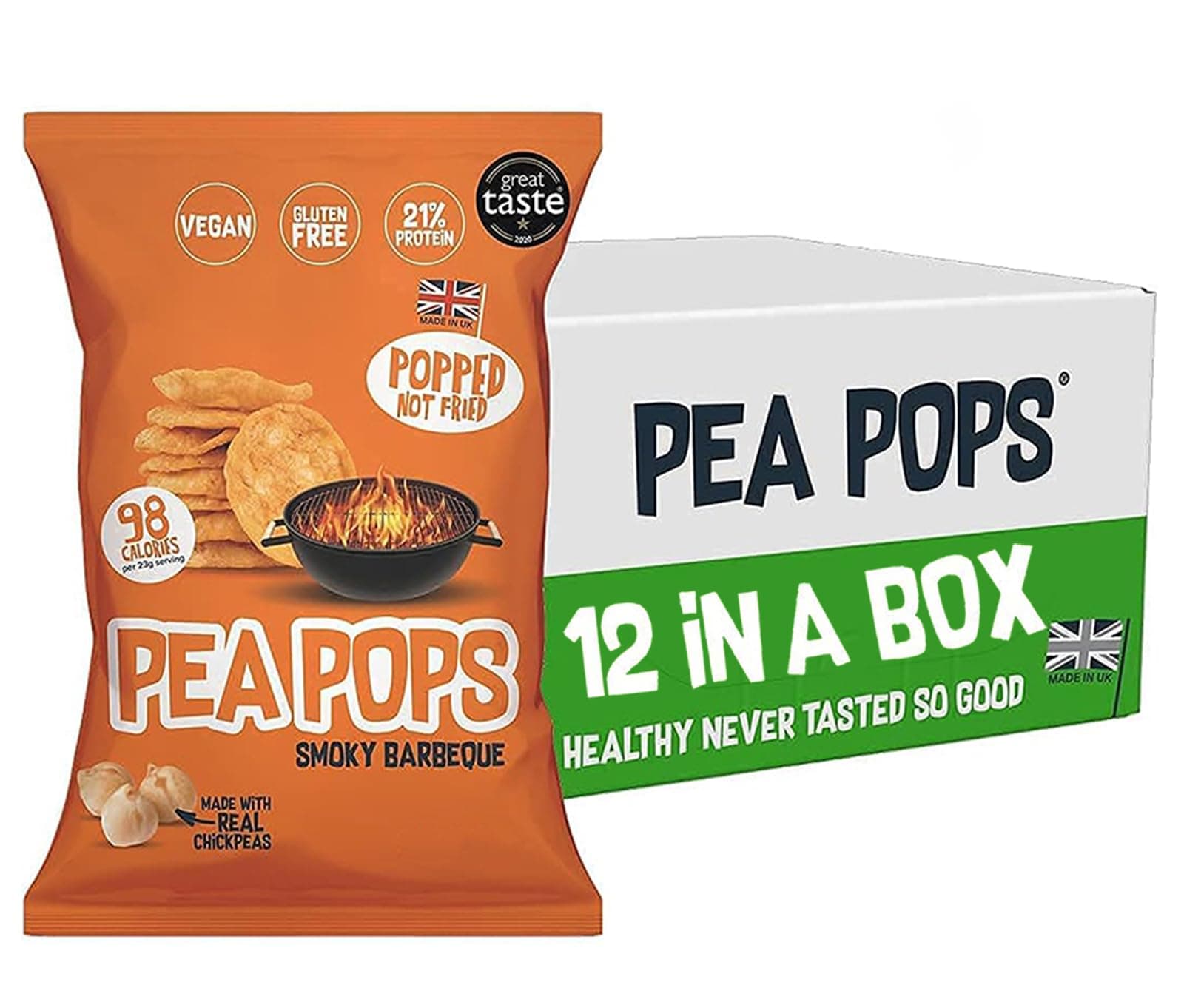 Pea Pops Healthy Protein Chips - Delicious Chikpea Crisps Less Fat, Low Calorie, Gluten Free, Vegan Protein Snacks, Popped (Not Fried) 23g (Pack of 12, Smokey BBQ)
