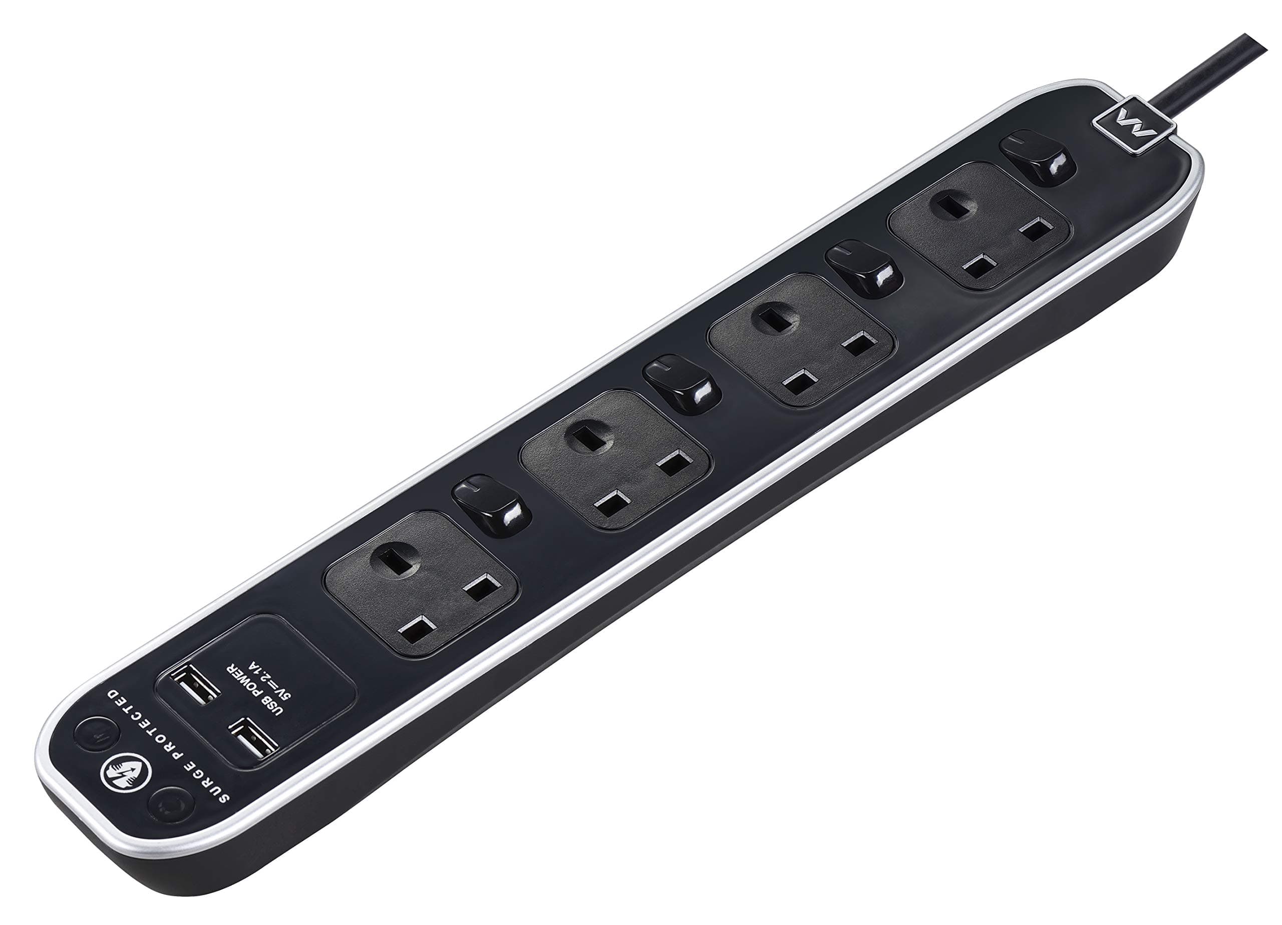 Masterplug Four Socket Switched Inline Power Surge Protected Extension Lead with Two USB Charging Ports, 2 Metres, Gloss Black