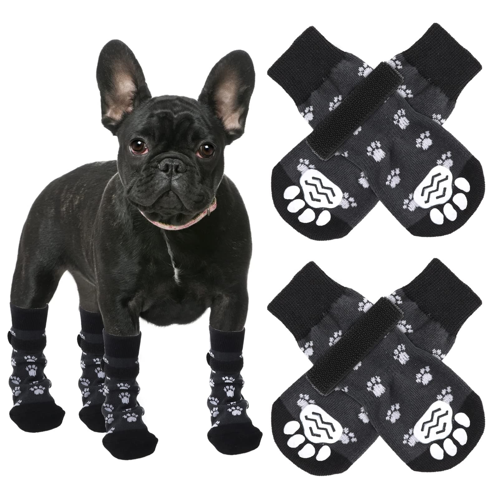 Cobee Dog Socks, 4 Pcs Non-Slip Pet Paw Protector with Adjustable Straps for Indoor Outdoor Wear Winter Puppy Socks with Grips Traction Control for Small/Medium Dog Cold Weather Socks(M Size, Black)